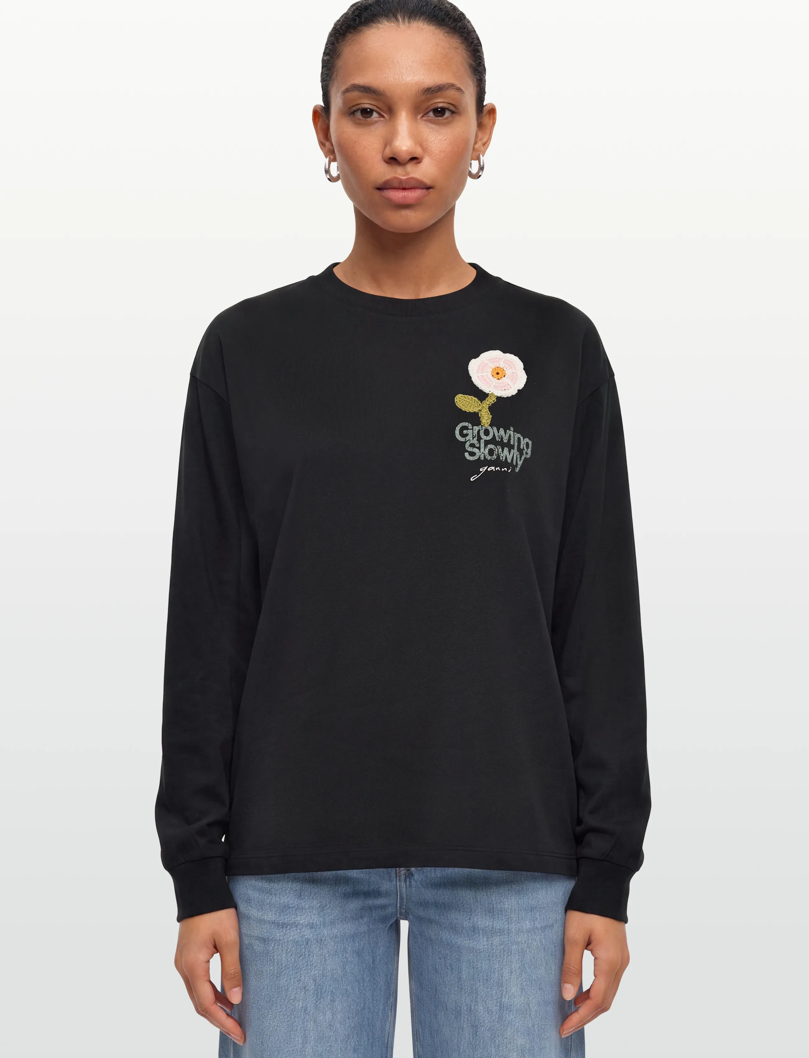 Ganni - T-Shirt With Rose - langärmlige tops - grey - 3