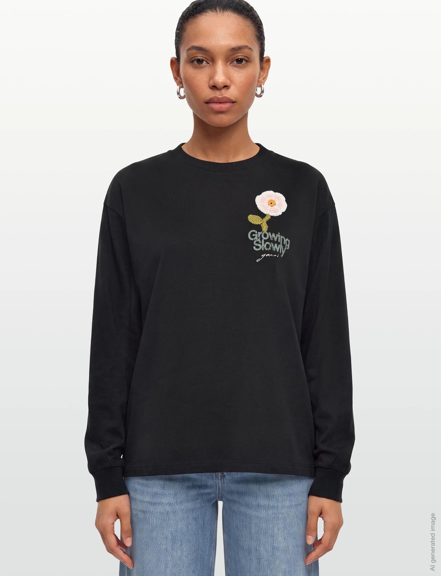 Ganni - T-Shirt With Rose - langärmlige tops - grey - 3