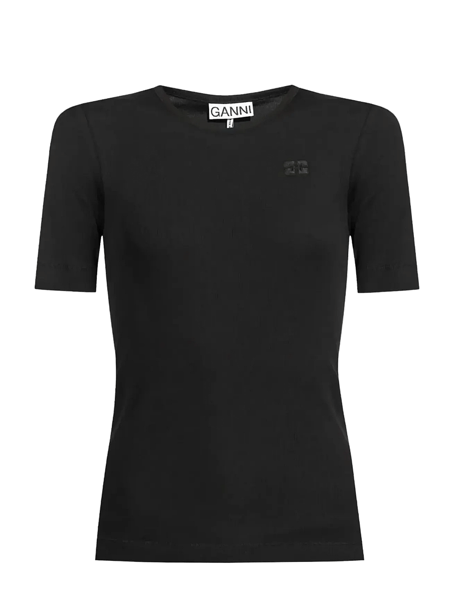Ganni - Soft Cotton Rib Short Sleeve T-Shirt - t-särgid - black - 0