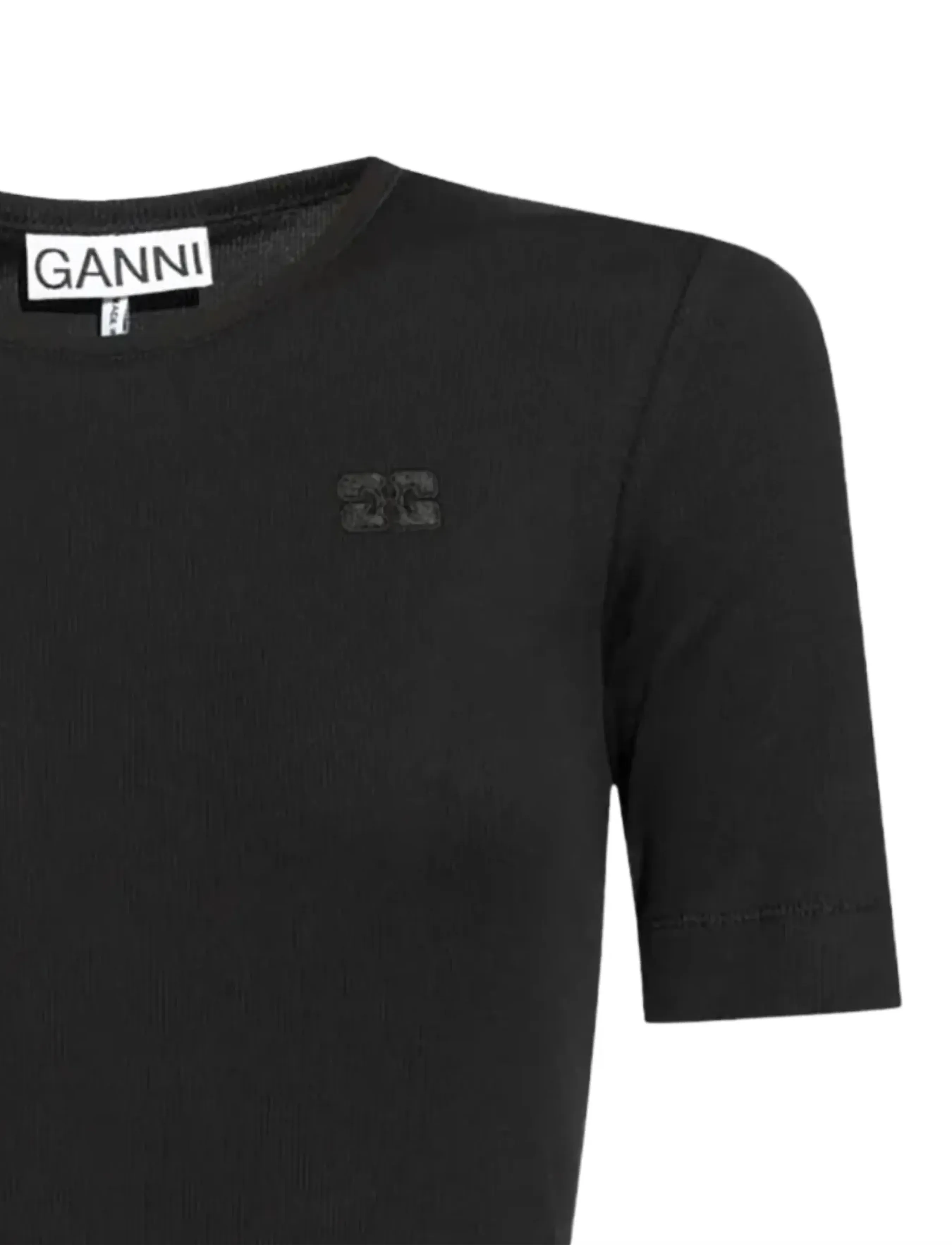 Ganni - Soft Cotton Rib Short Sleeve T-Shirt - marškinėliai - black - 2