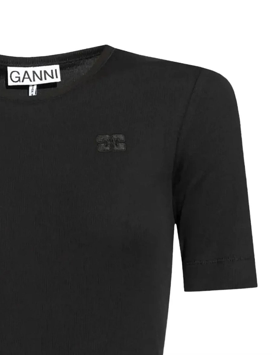 Ganni - Soft Cotton Rib Short Sleeve T-Shirt - t-särgid - black - 2