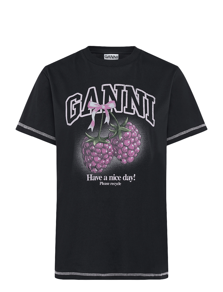 Ganni - Basic Cotton Jersey Raspberry Print - t-shirts - navy - 0