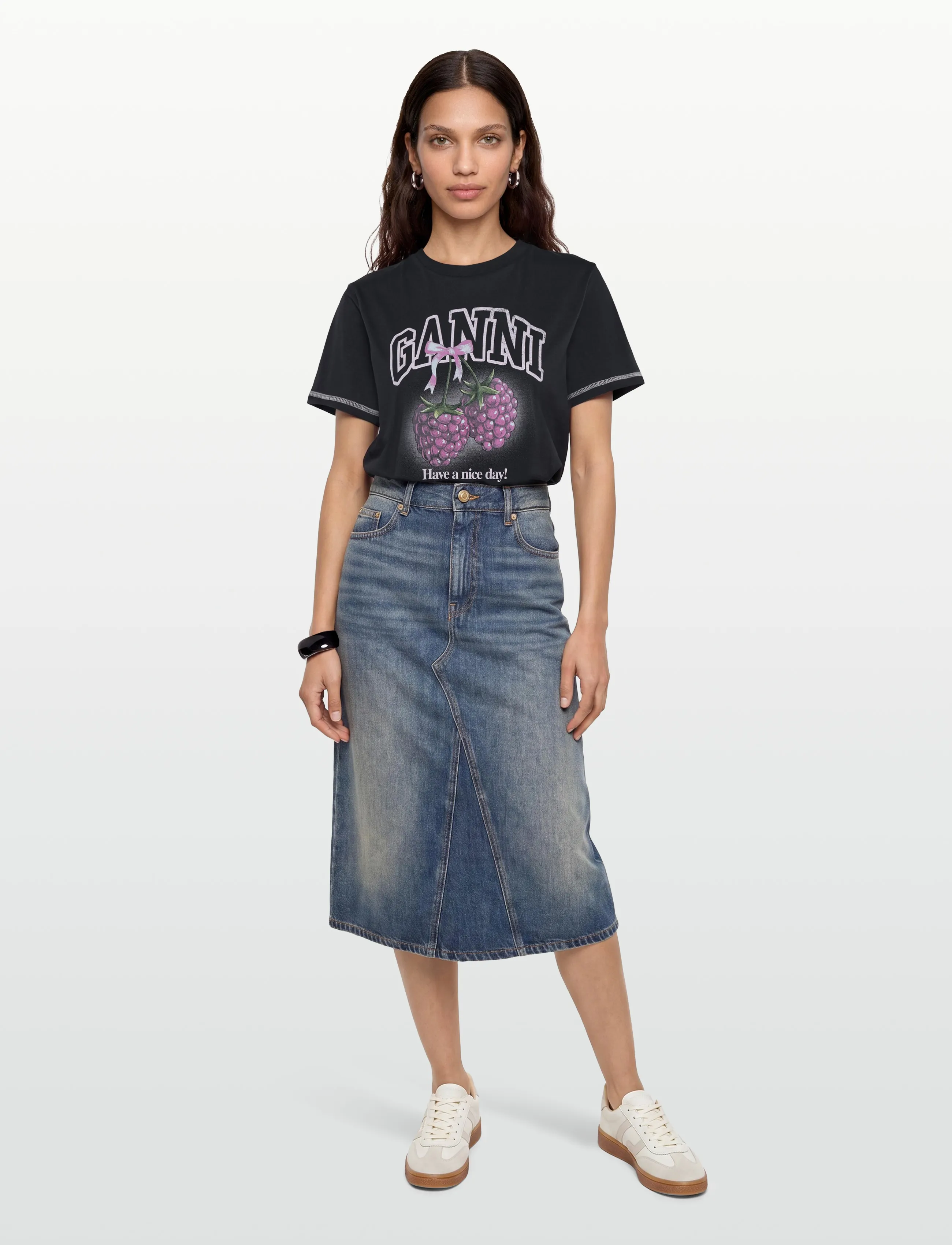 Ganni Basic Cotton Jersey Raspberry Print, Kvinder, Hindbær Print T-Shirt, Navy, Str: XXS