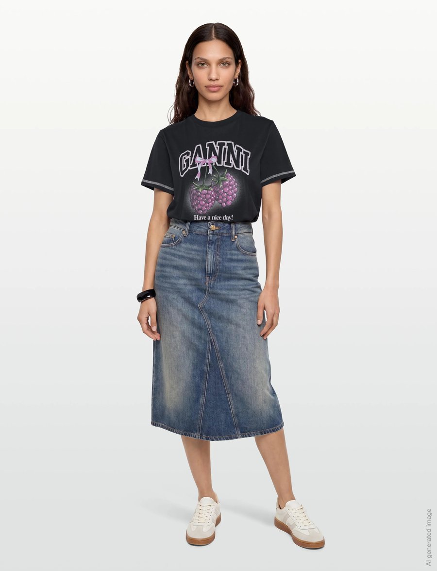 Ganni - Basic Cotton Jersey Raspberry Print - t-shirts - navy - 0