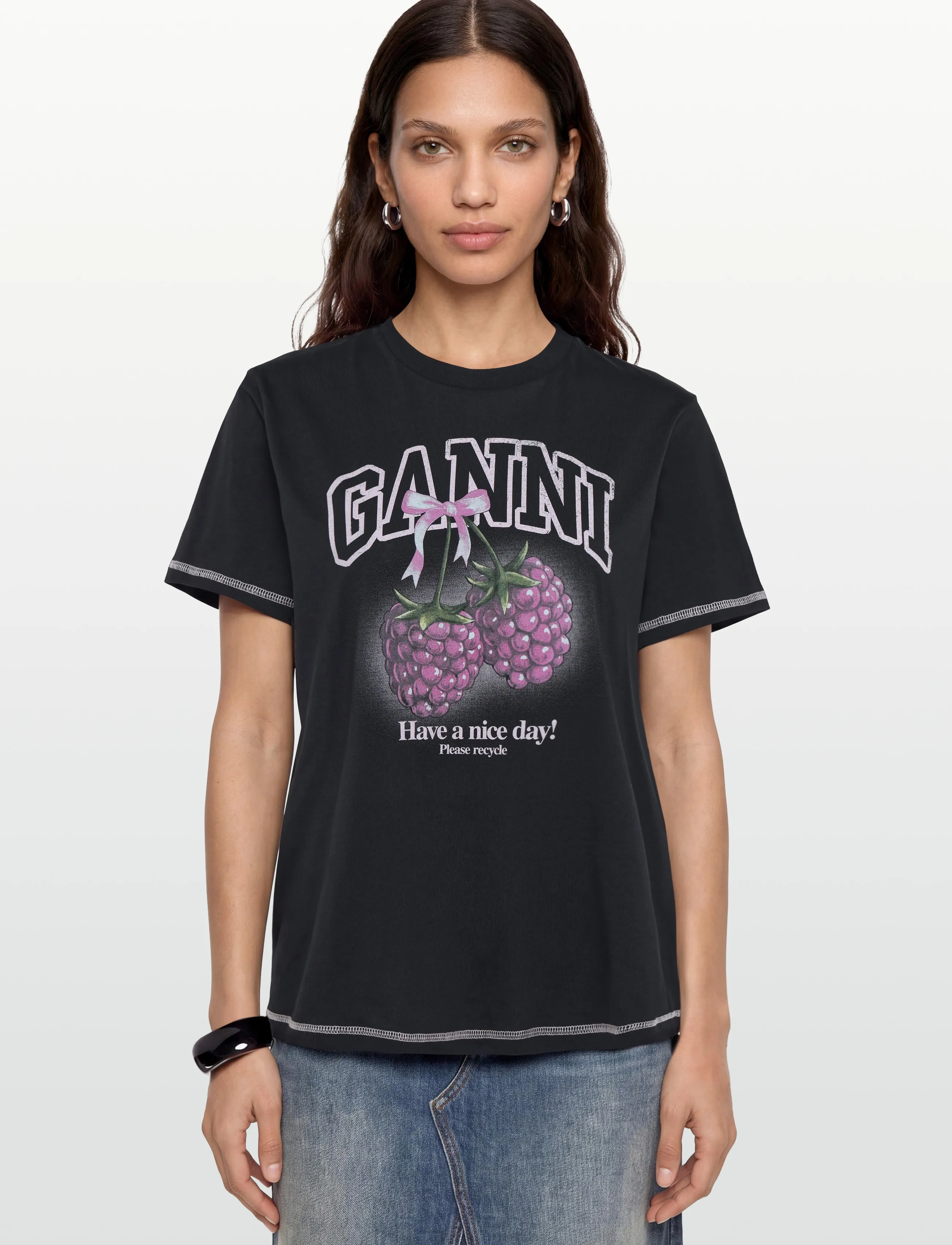Ganni - Basic Cotton Jersey Raspberry Print - t-shirts - navy - 3