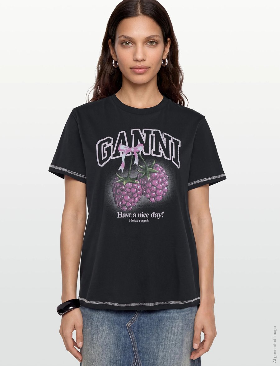 Ganni - Basic Cotton Jersey Raspberry Print - t-shirts - navy - 3