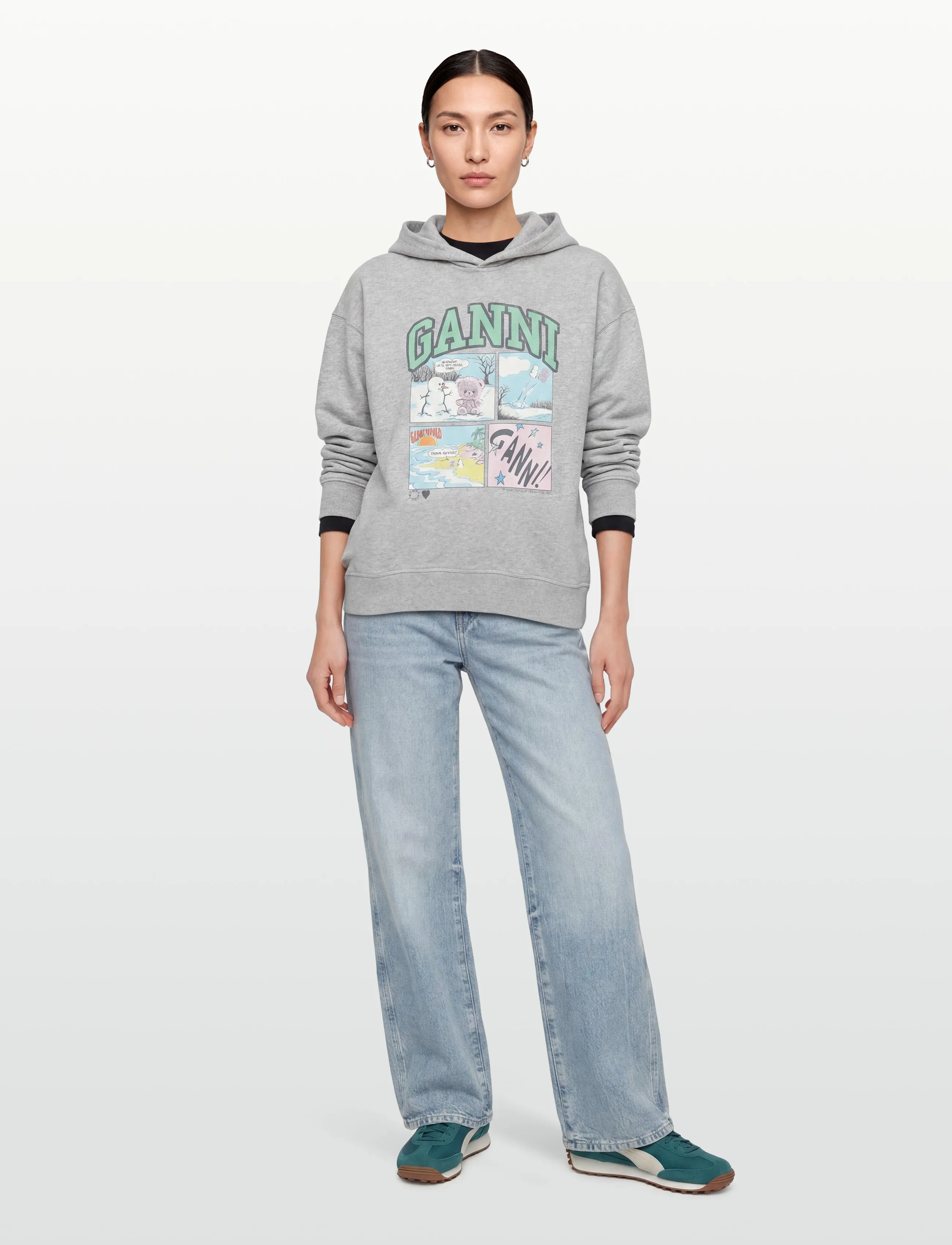 Ganni - Graphic-Print Hoodie - hættetrøjer - grey - 0