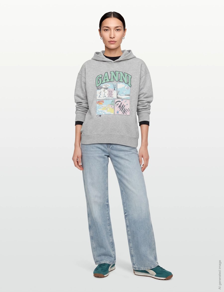 Ganni - Graphic-Print Hoodie - hættetrøjer - grey - 0