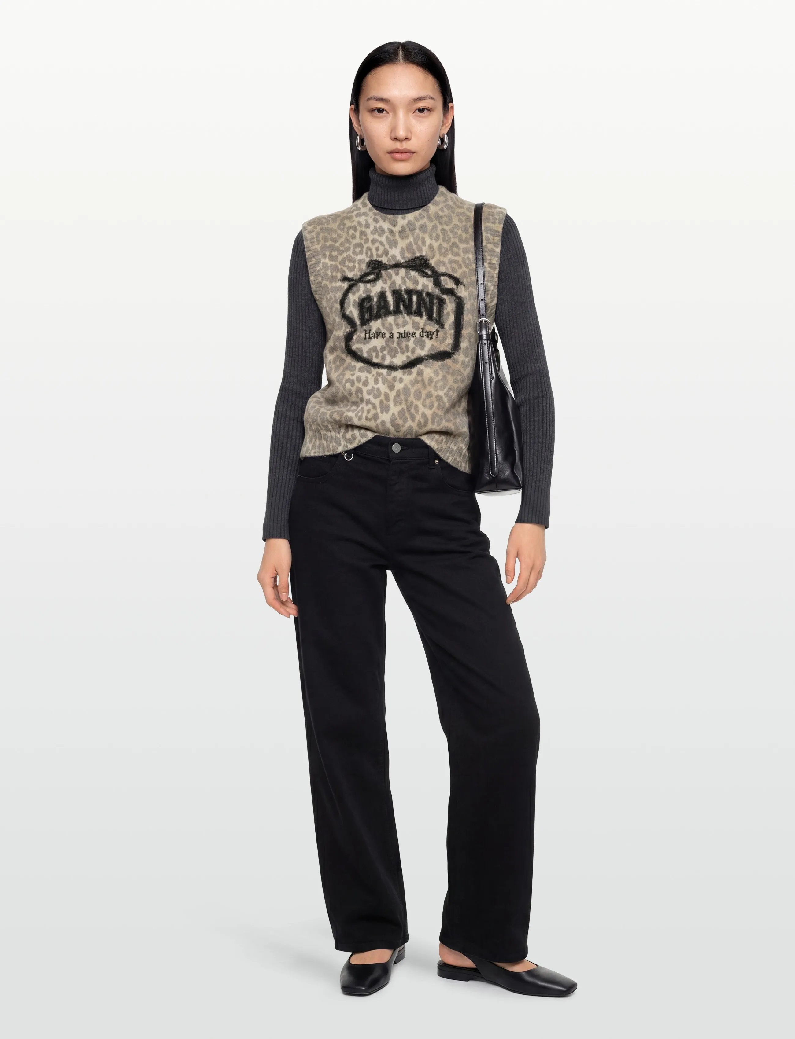 Ganni Graphic Wool Vest, Kvinder, Leopard Print Grafisk Strik Vest, Brun, Str: M