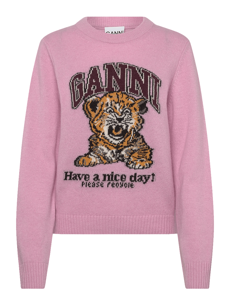 Ganni - Wool Crewneck Sweater - stickade tröjor - pink - 0