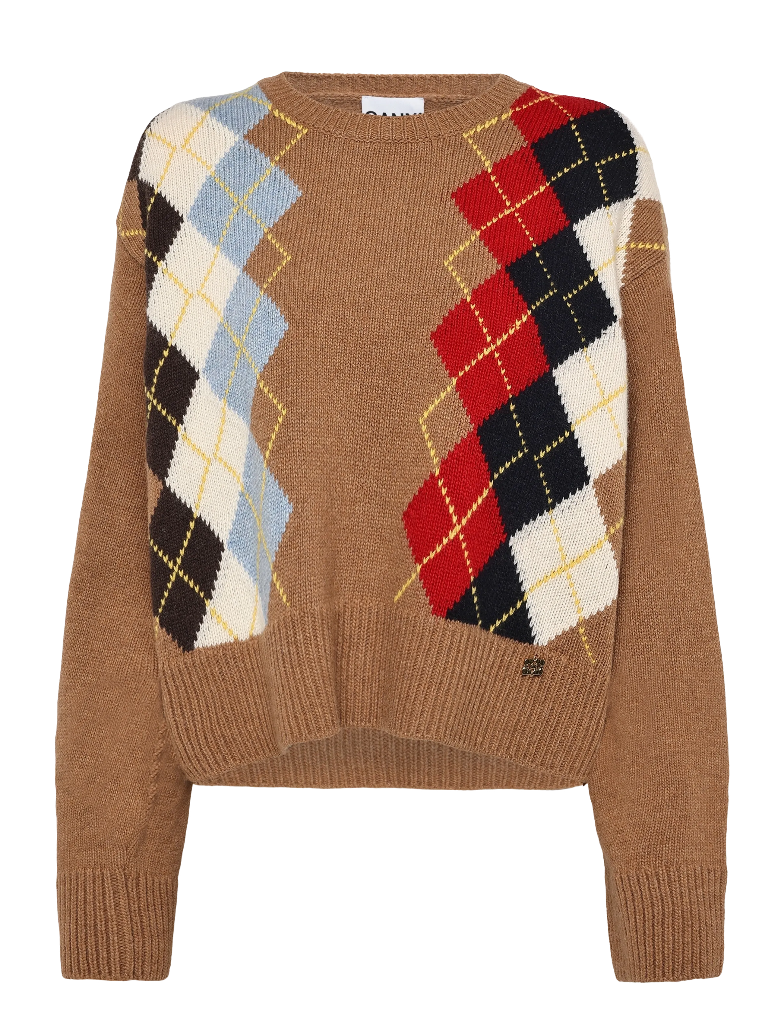Ganni Argyle Knit Crew Neck Sweater - GANNI - MULTICOLORED / brown