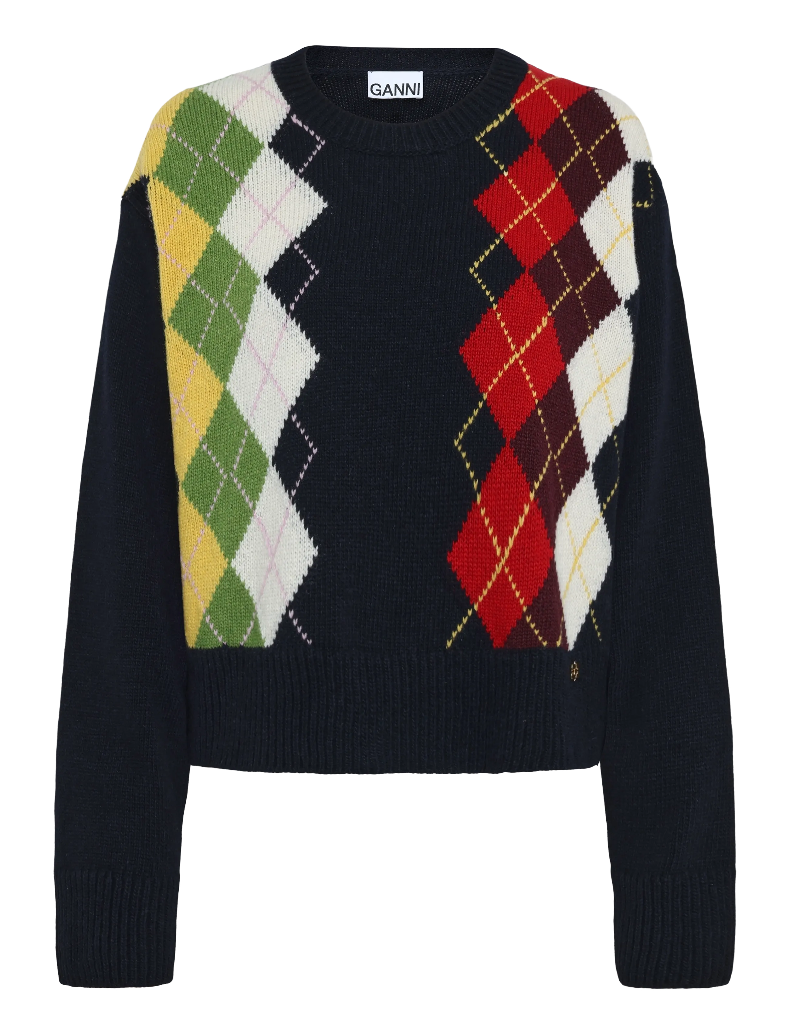 Ganni Argyle Knit Crew Neck Sweater - Pullover - MULTICOLORED / navy