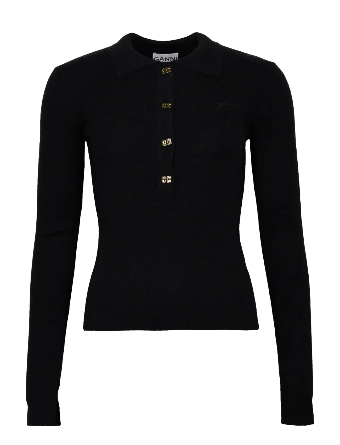 GANNI Mini Ribbed Merino Polo Schwarz - S - Damen