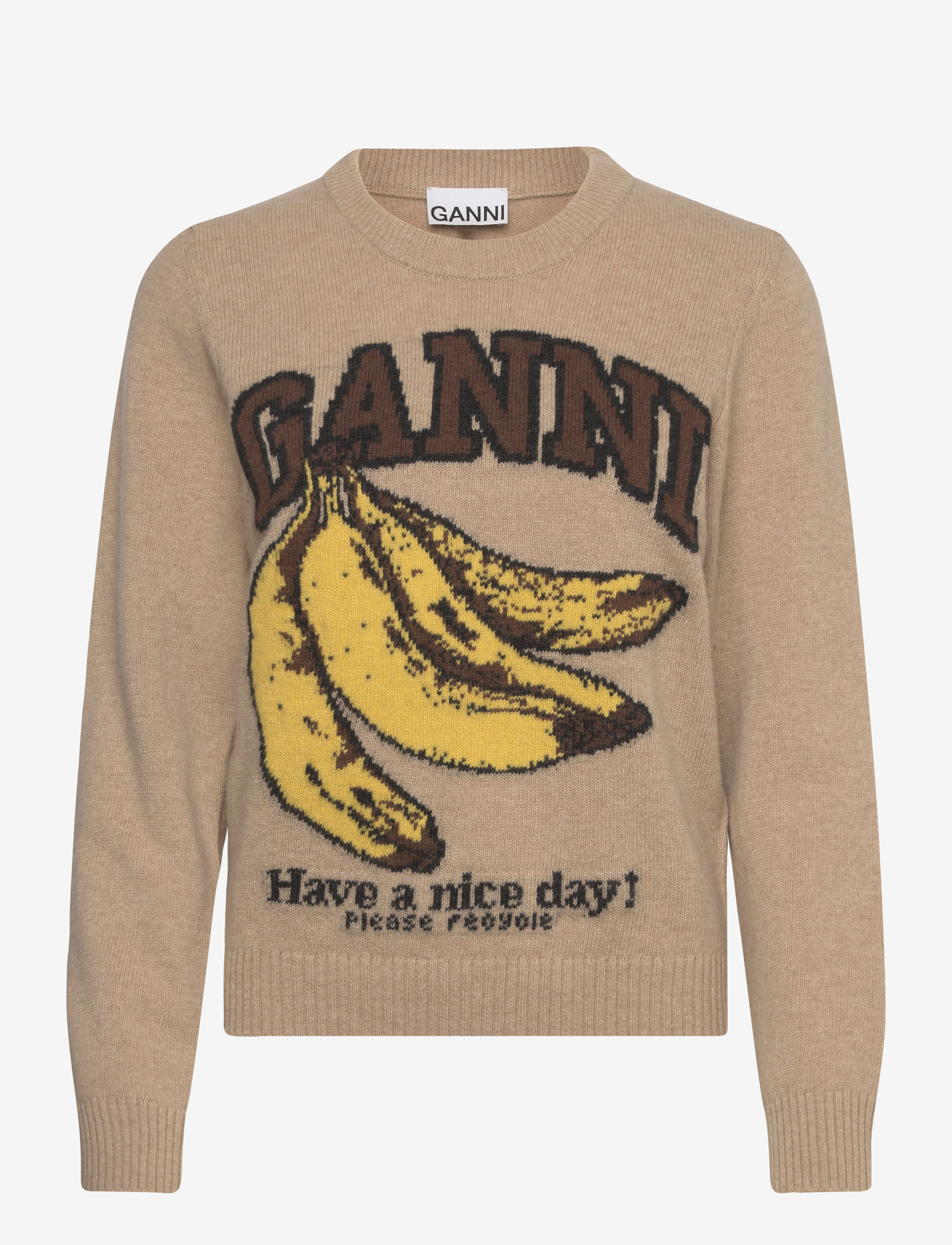 Ganni - Wool Crewneck Sweater - stickade tröjor - beige - 0