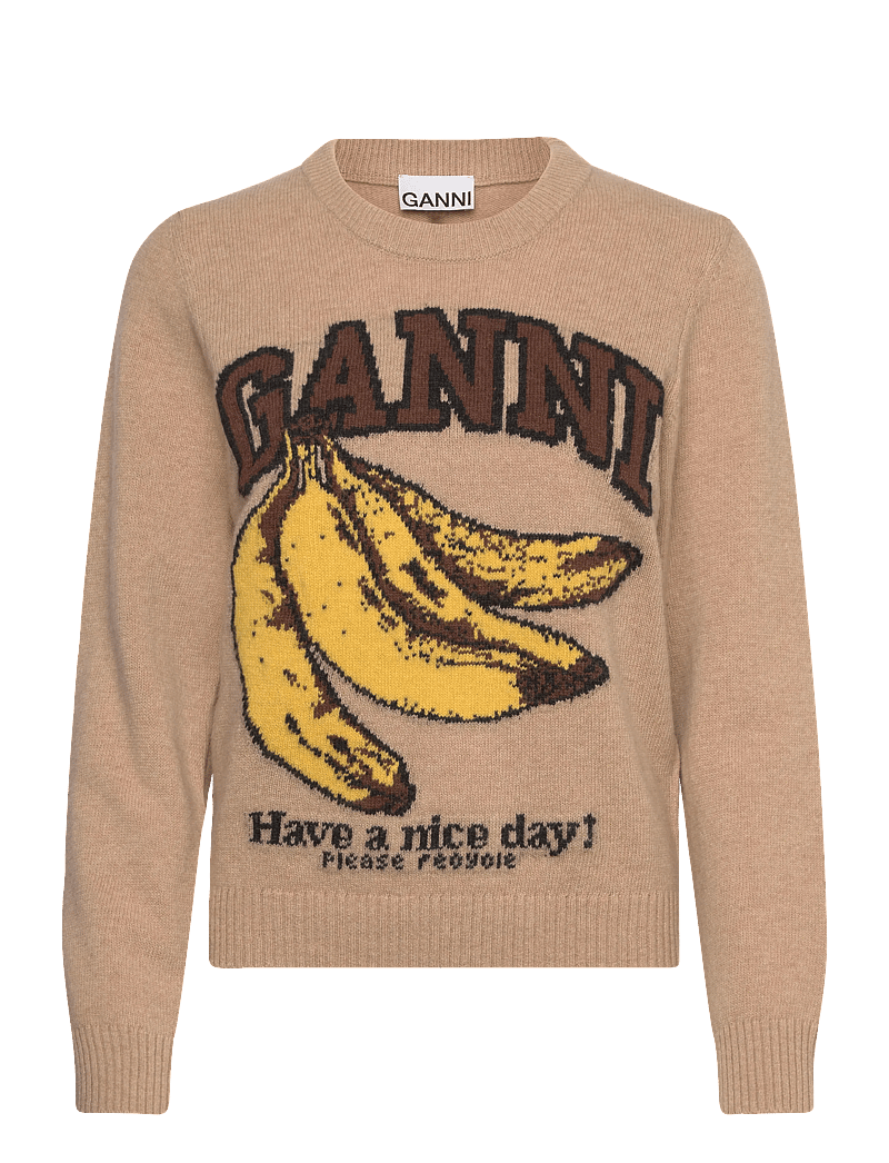 Ganni - Wool Crewneck Sweater - stickade tröjor - beige - 0