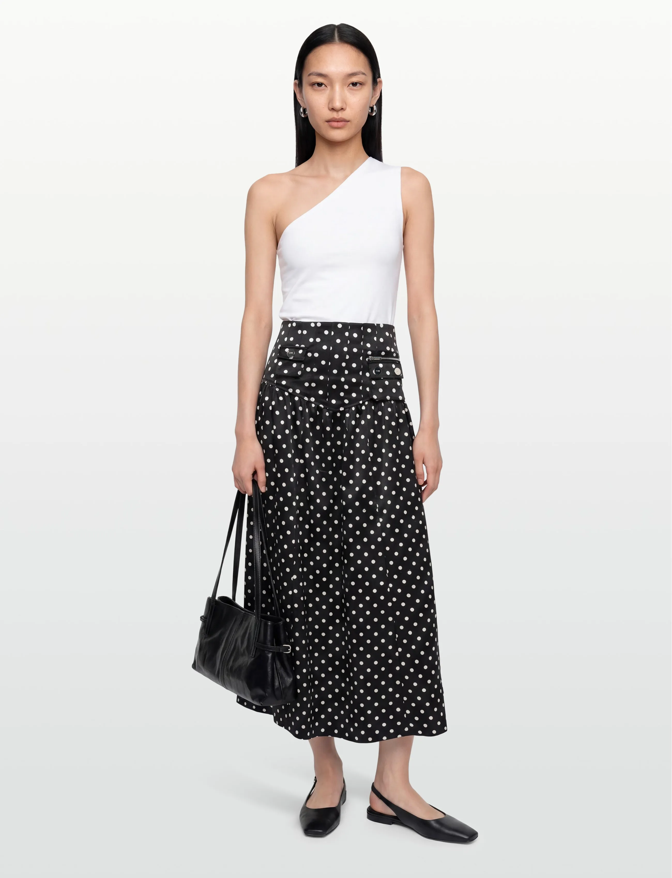Ganni Polka Dot Utility Pocket Midi Skirt, 36, Röcke, Schwarz - Knee-length & Frauen
