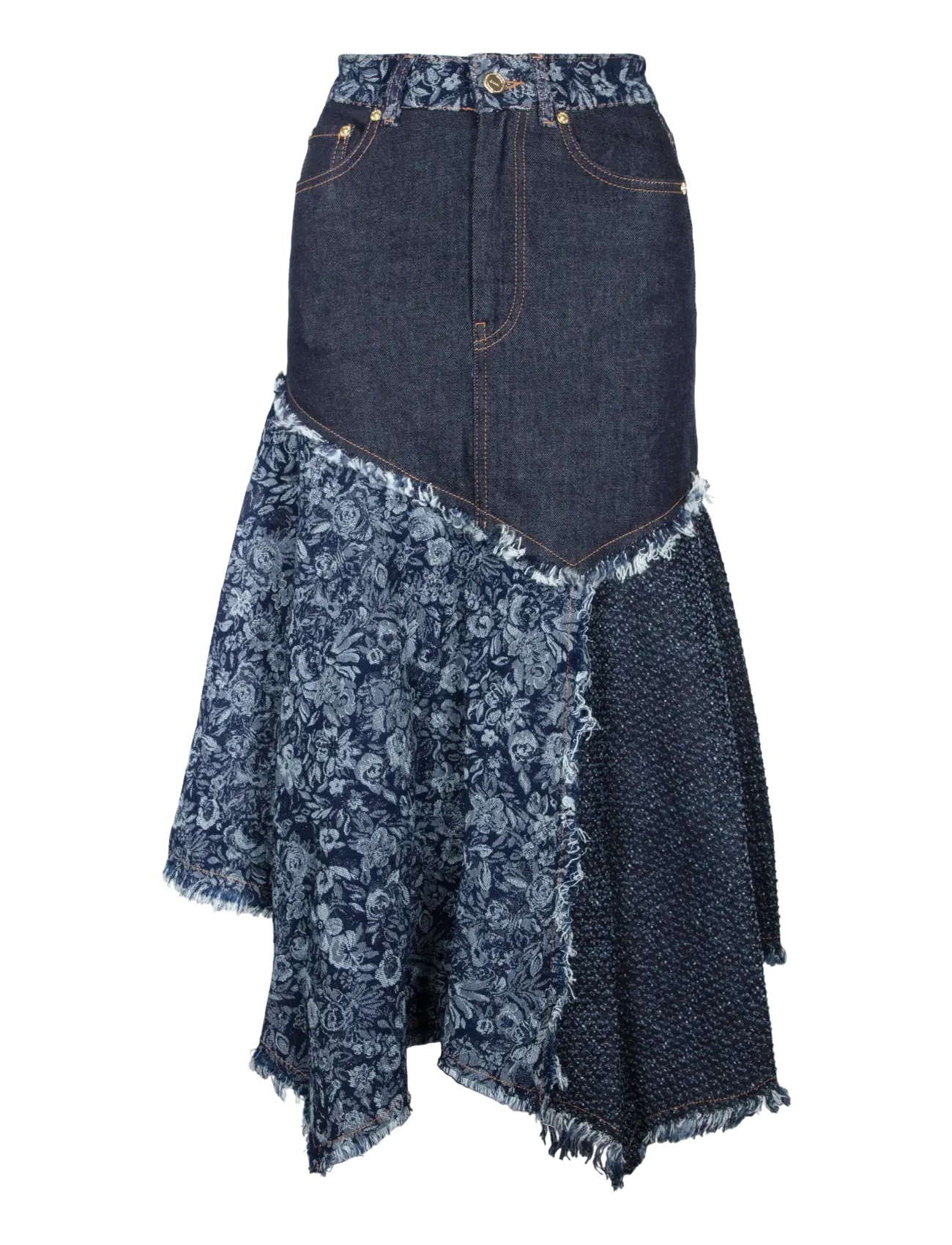 Ganni Patchwork Denim Long Skirt, Damen, Patchwork Denim Langer Rock, Blau, Gr.40