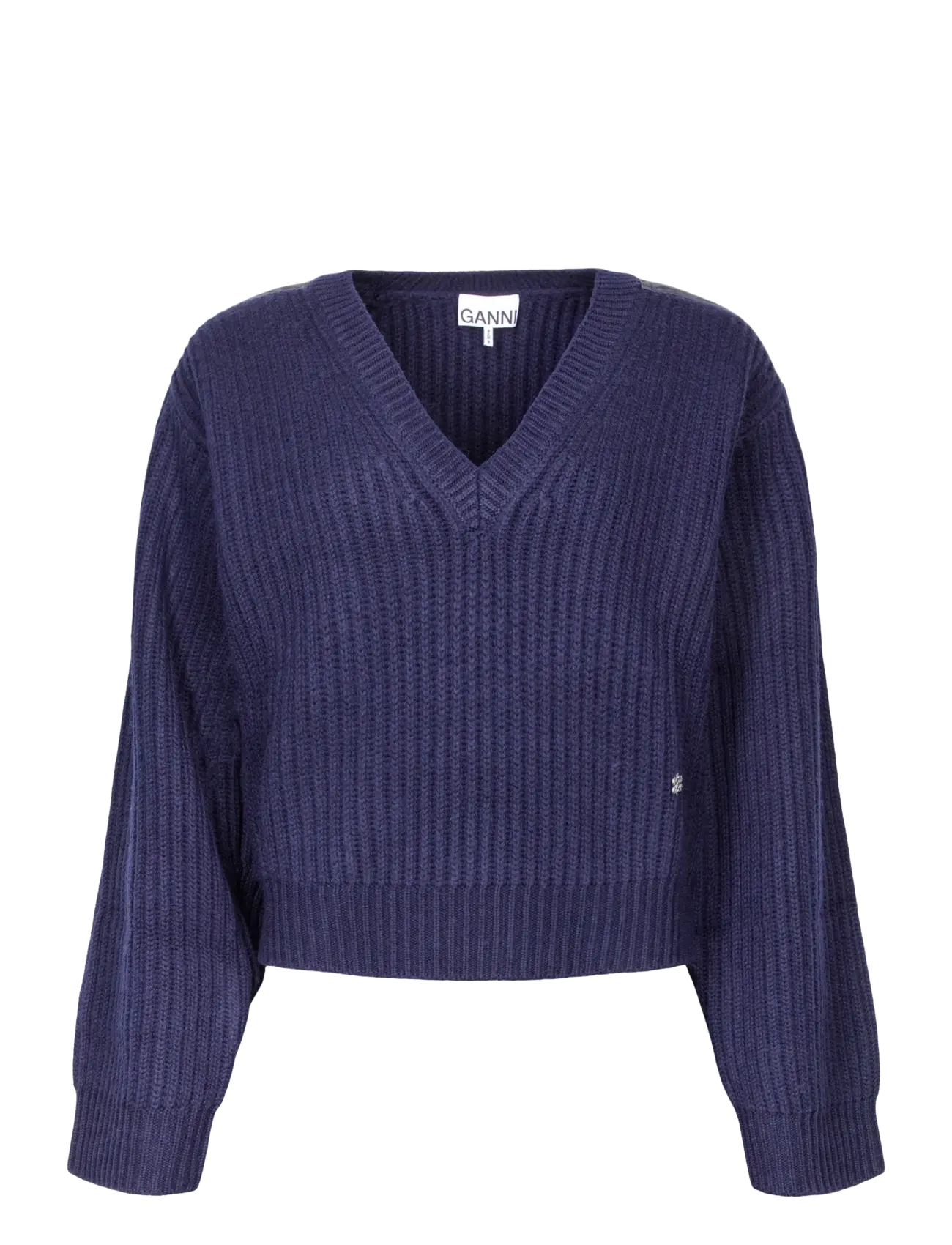 Ganni Wool Melange Rib Stripe V neck - Transitional Layering - BLUE / blue