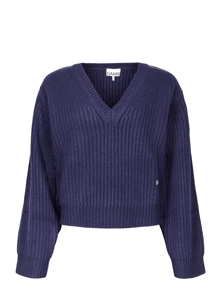 Ganni - Wool Melange Rib Stripe V neck - pullover - blue - 0