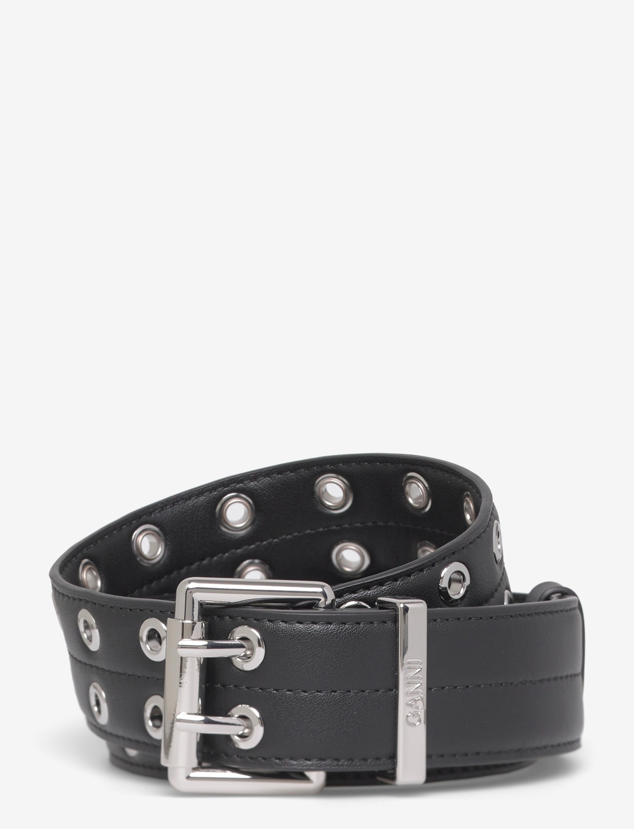 Ganni - Double Eyelet Belt - læderbælter - black - 0