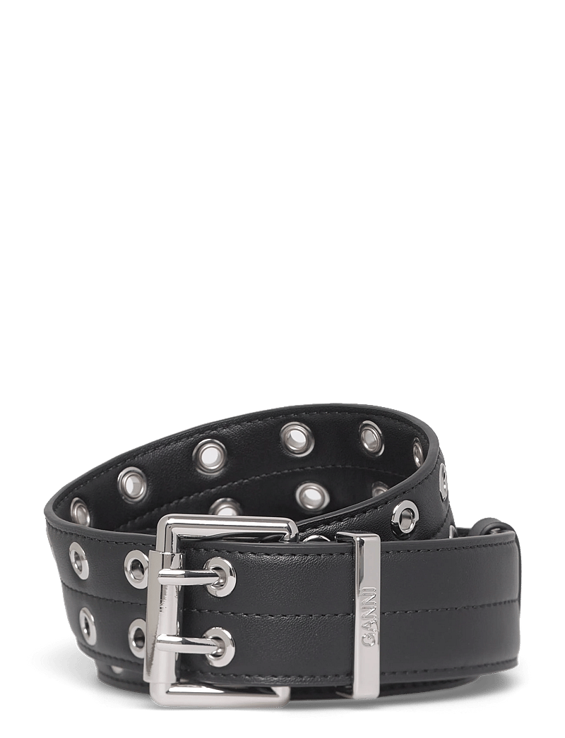 Ganni - Double Eyelet Belt - læderbælter - black - 0