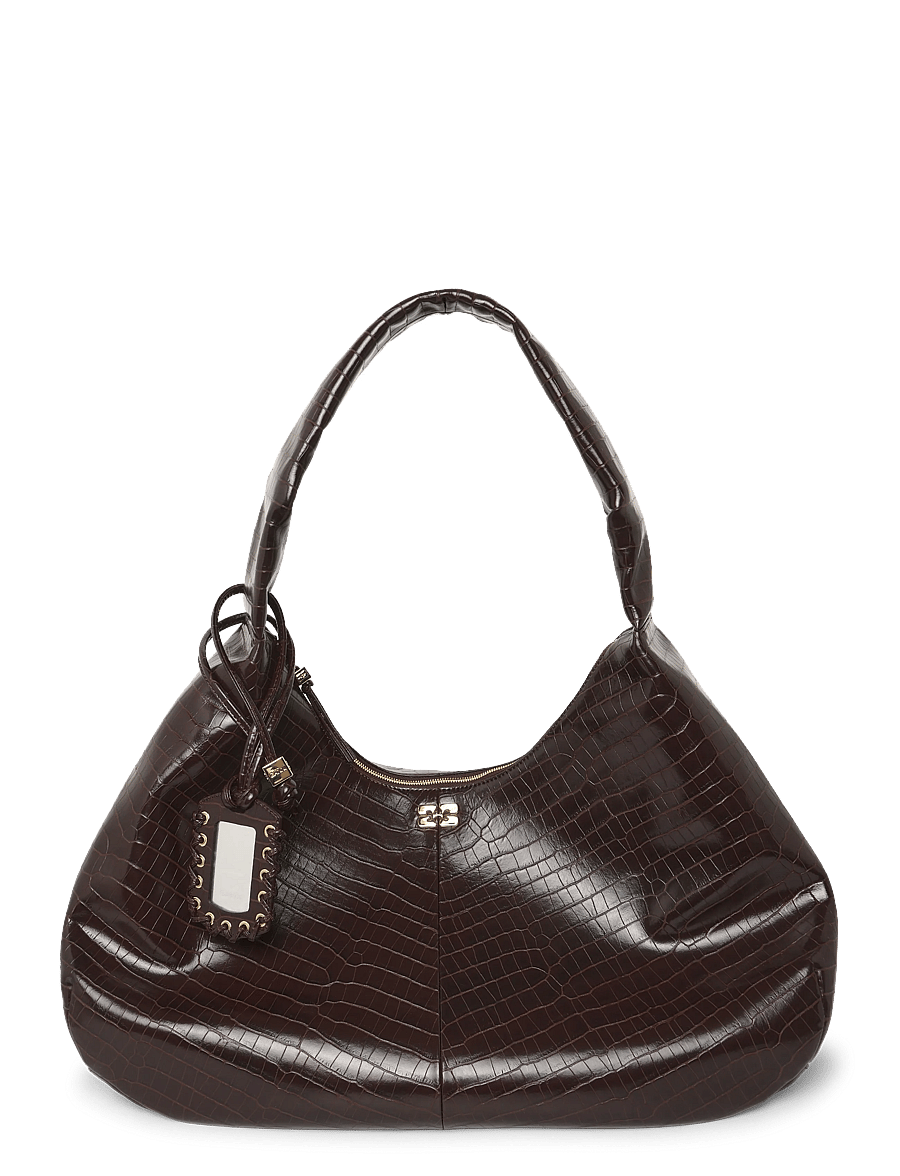 Ganni - Croc Embossed Recycled Leather XXL Bou Hobo Bag - schultertaschen - brown - 0