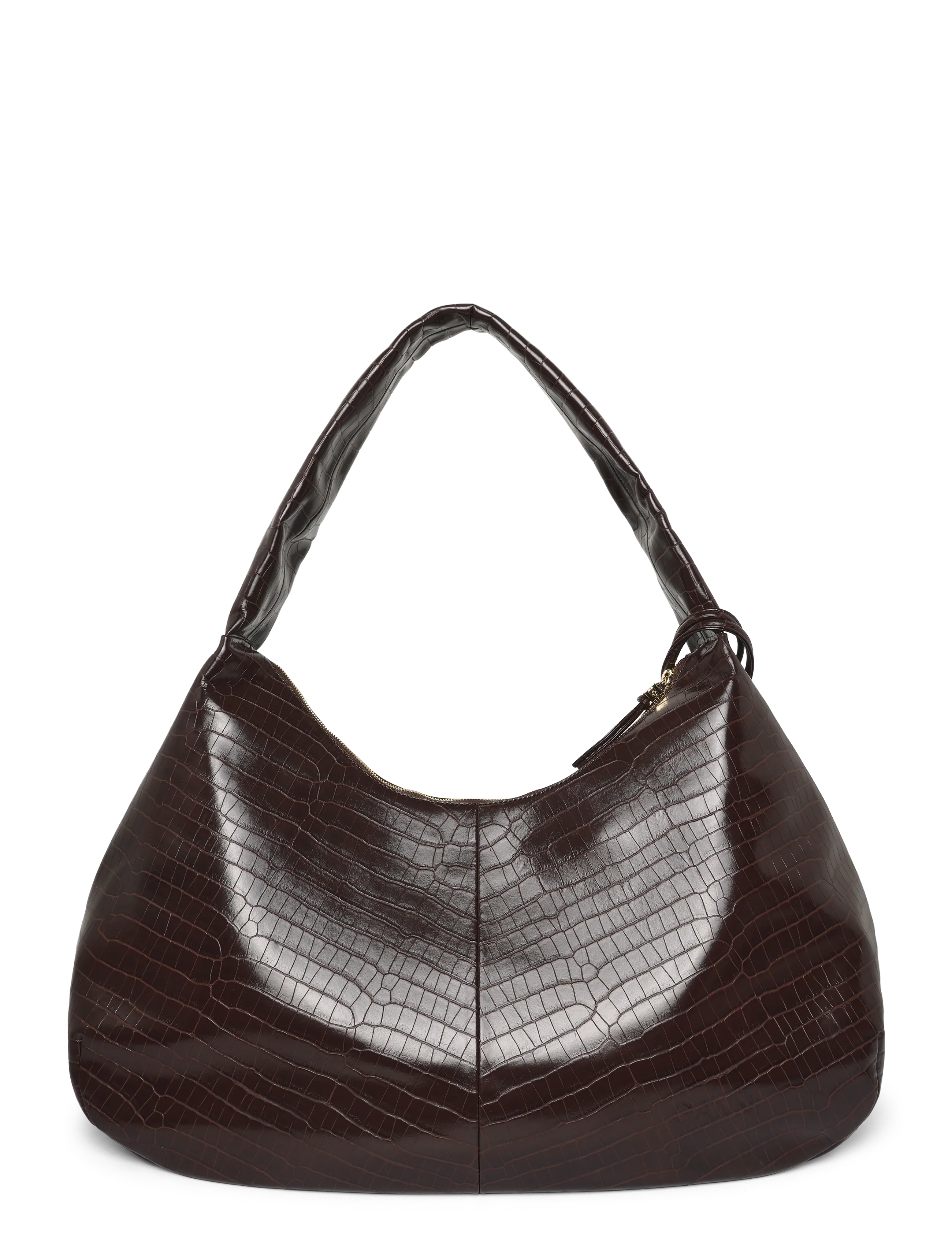 Ganni - Croc Embossed Recycled Leather XXL Bou Hobo Bag - schultertaschen - brown - 1