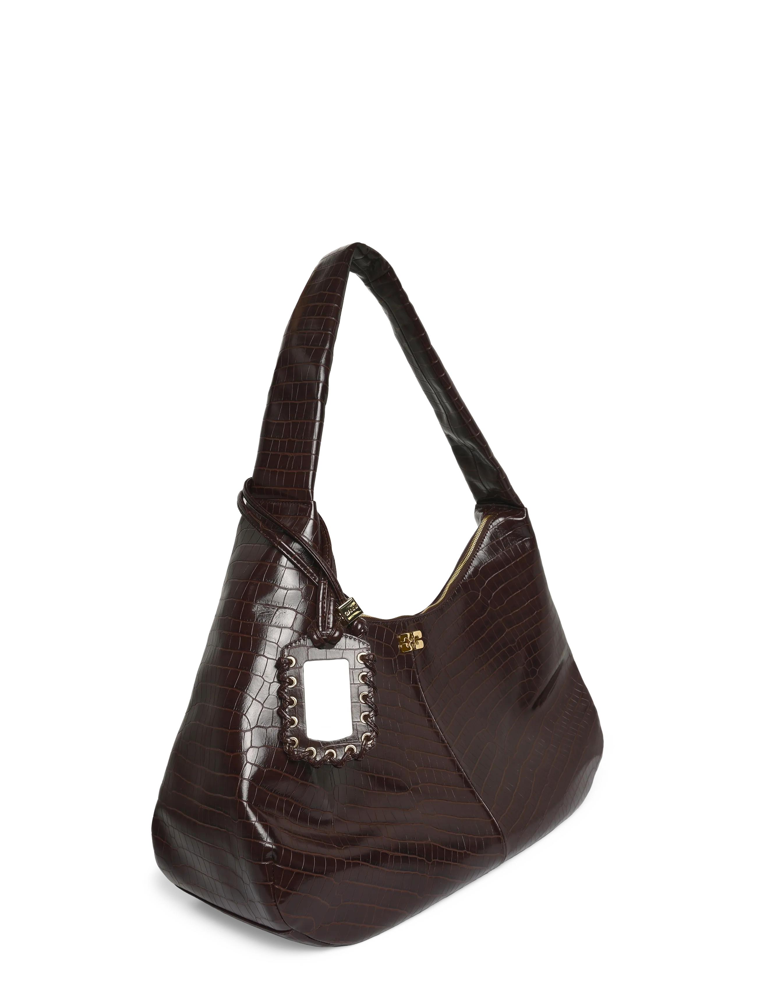 Ganni - Croc Embossed Recycled Leather XXL Bou Hobo Bag - schultertaschen - brown - 2
