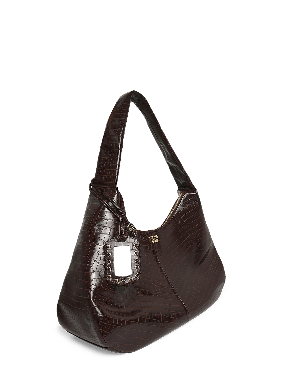 Ganni - Croc Embossed Recycled Leather XXL Bou Hobo Bag - schultertaschen - brown - 2