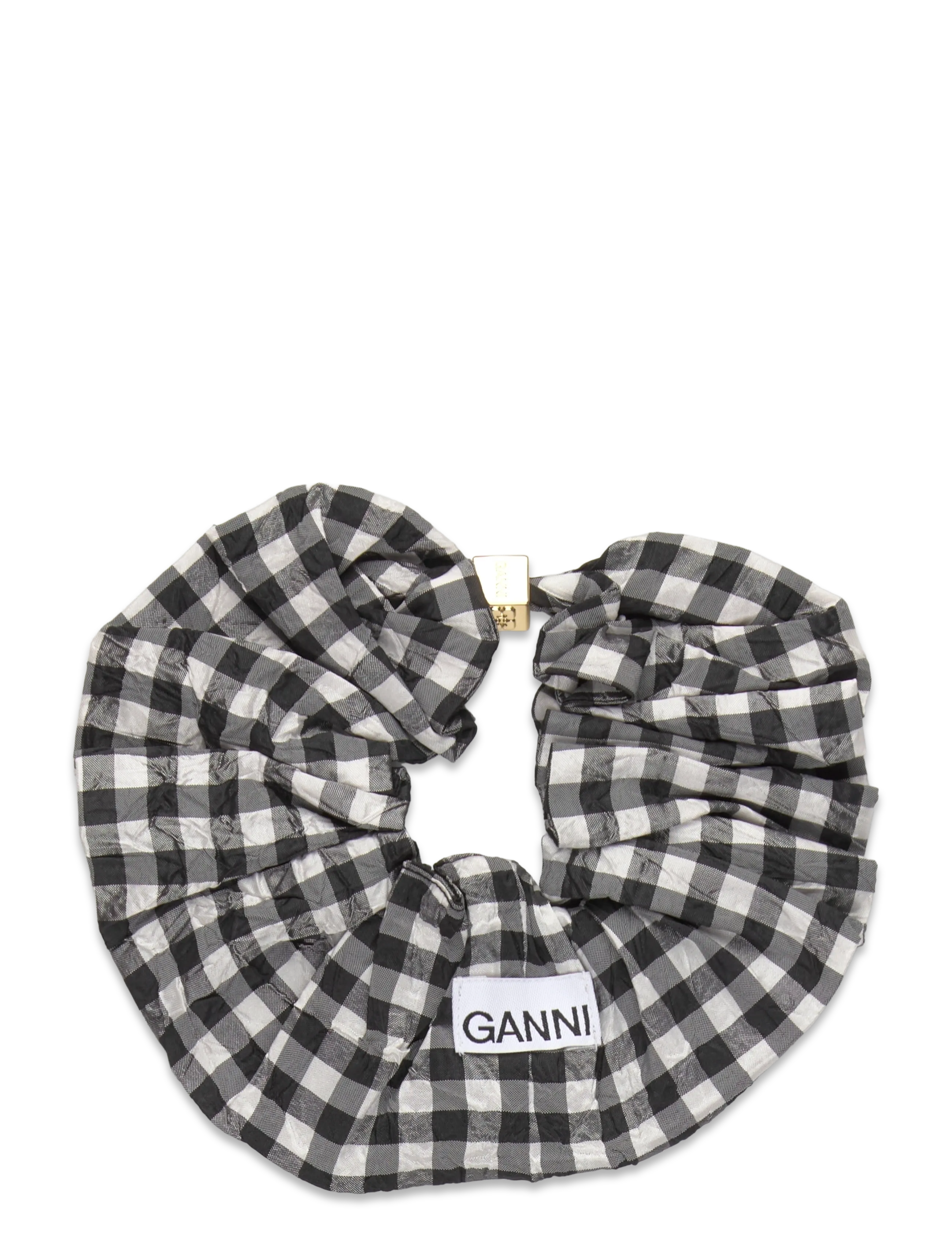 Ganni Black check crinkled taffeta scrunchie - Hårtilbehør - BLACK / black