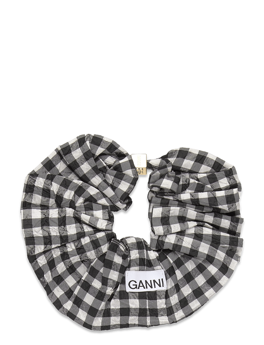 Ganni - Crinkled Taffeta Check Scrunchie - black - 0