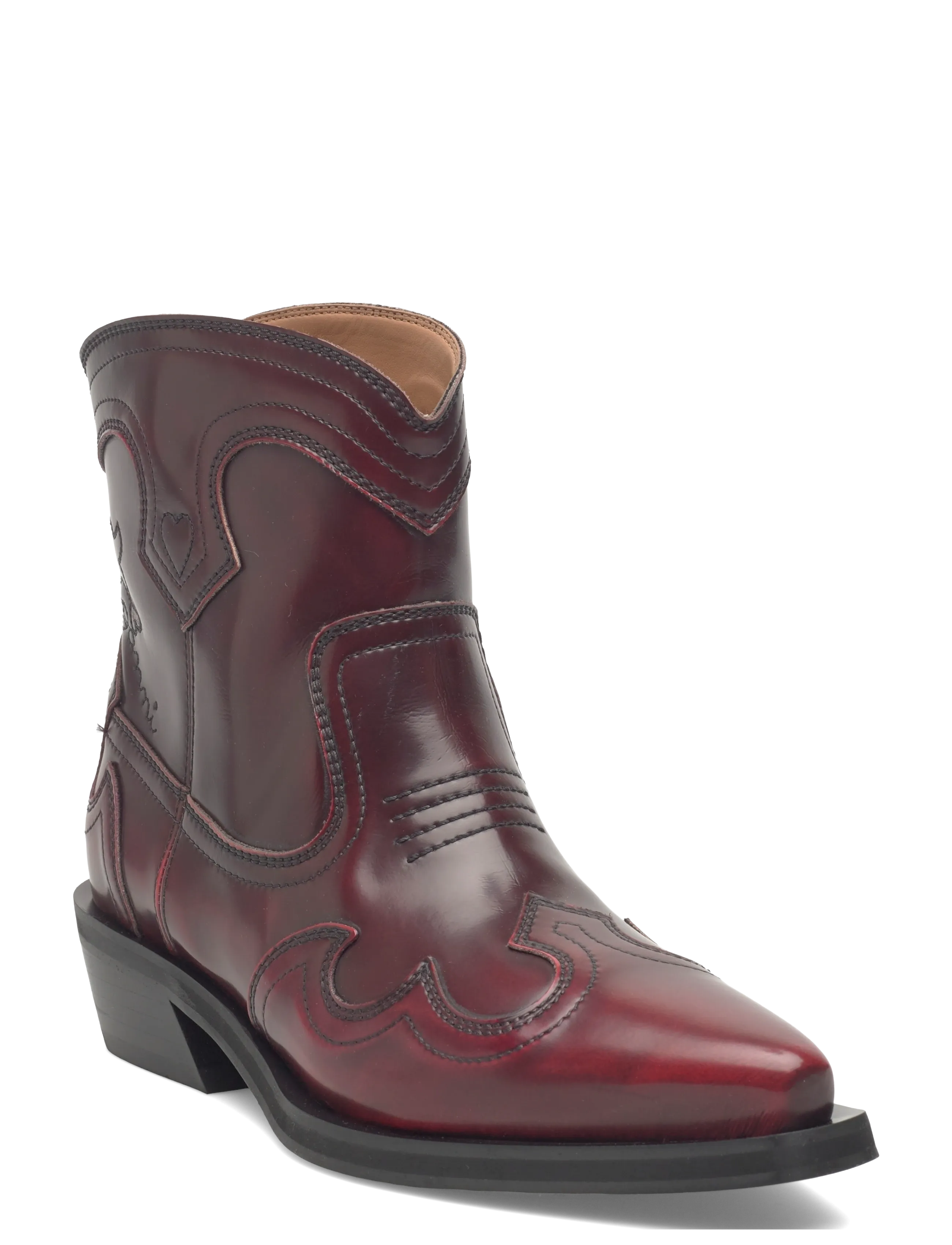 Ganni Low Shaft Embroidered Western Boots, 41, Ankle Burgunderrot - Boots With Heel, Frauen