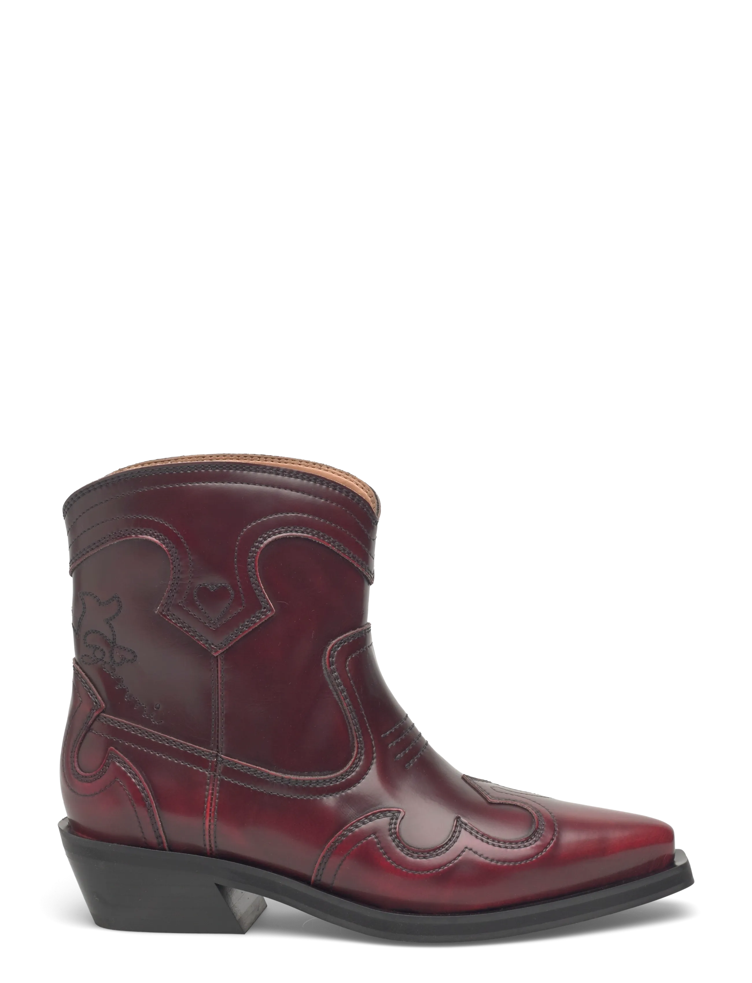 Ganni - Low Shaft Embroidered Western Boots - støvletter - burgundy - 2
