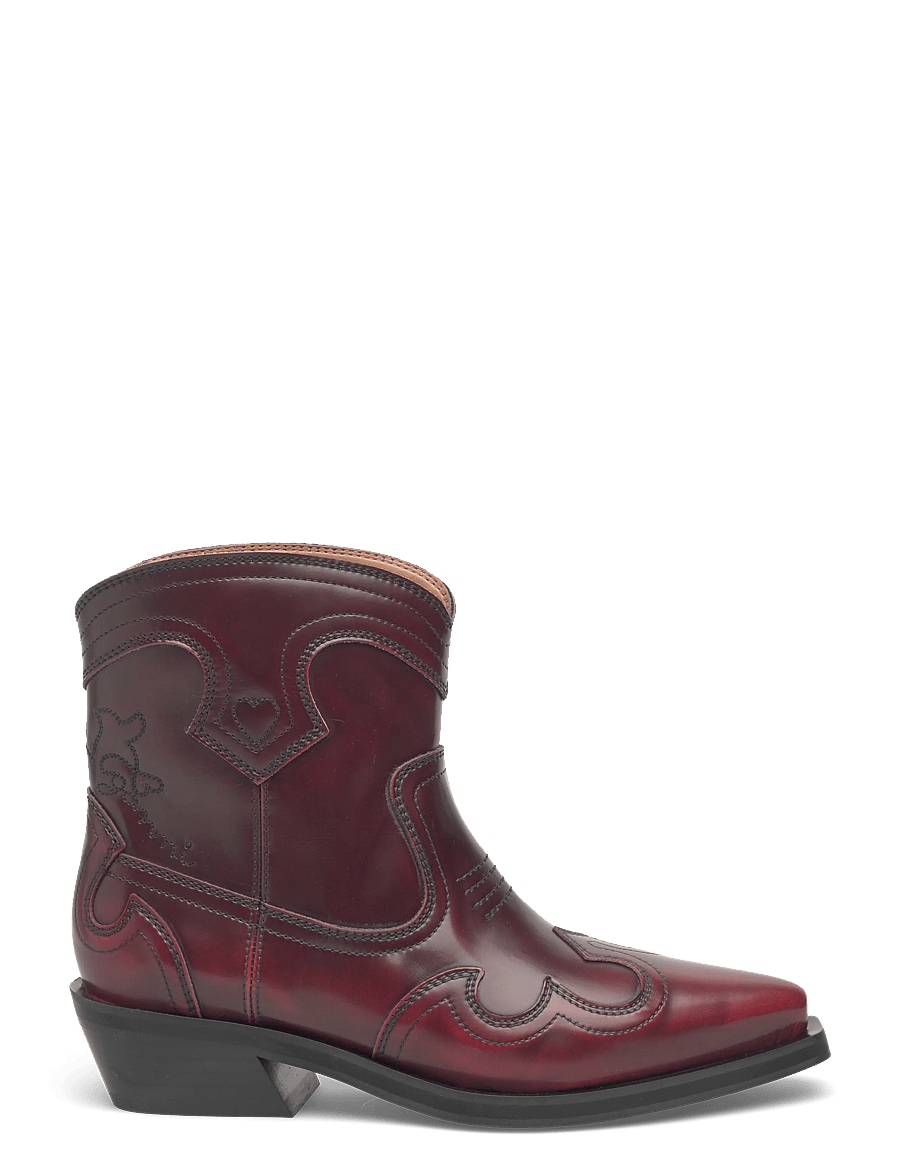Ganni - Low Shaft Embroidered Western Boots - stiefeletten mit absatz - burgundy - 2