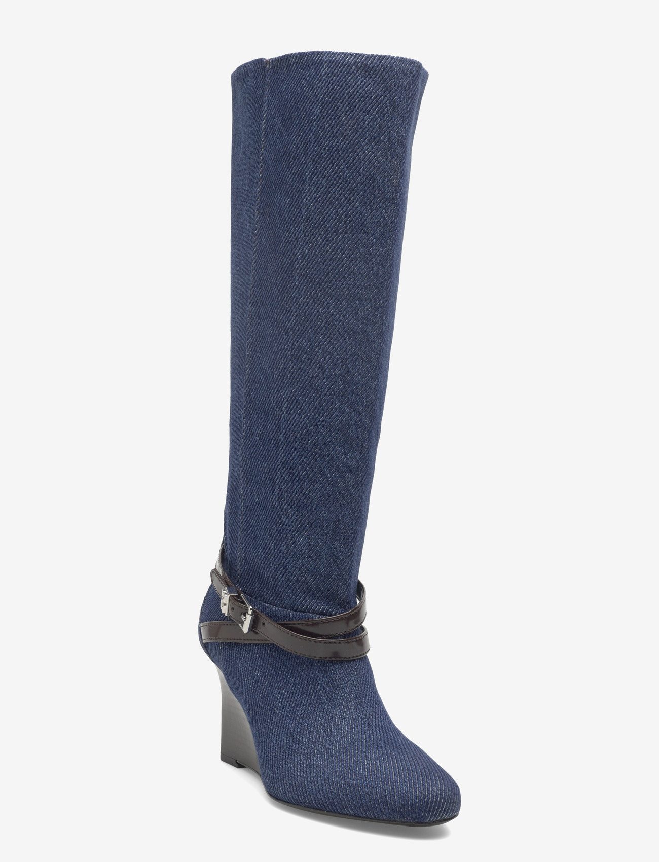 Ganni - Kat Slim Slouchy Boot Denim - keilabsatz schuhe - blue - 0