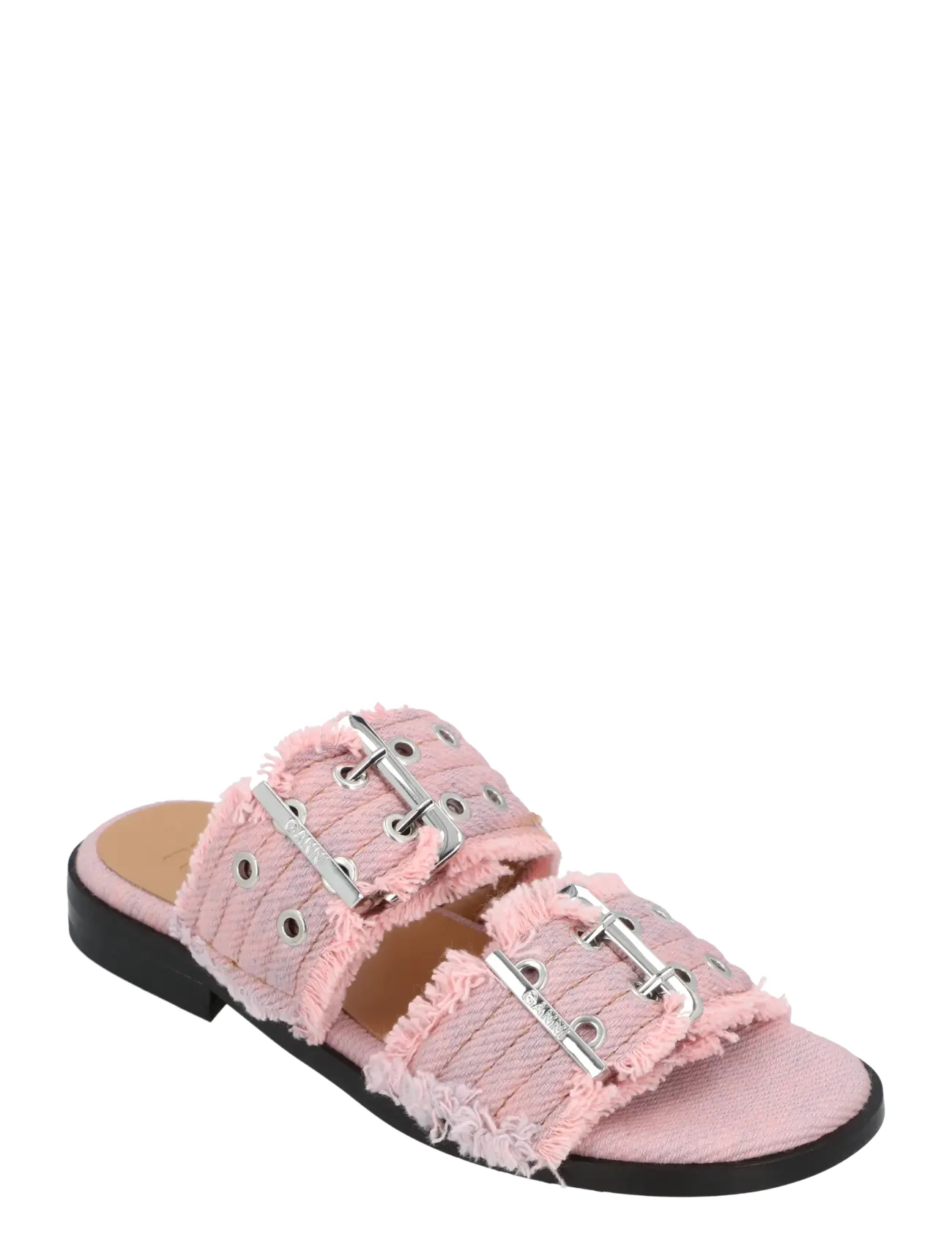 Ganni Fringed Denim Buckle Sandals, 40, Pink, Sandaler > Flade Sandals, Dame