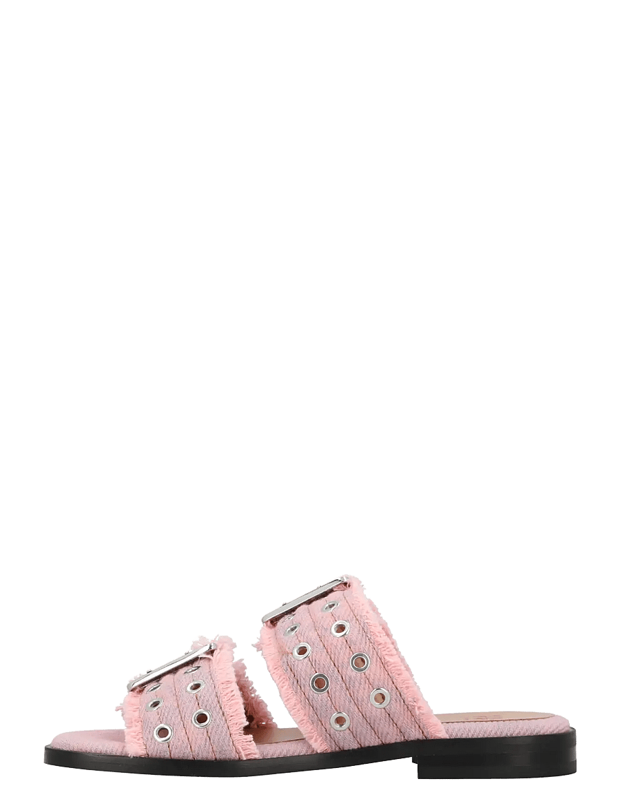 Ganni - Fringed Denim Buckle Sandals - flache sandalen - pink - 1