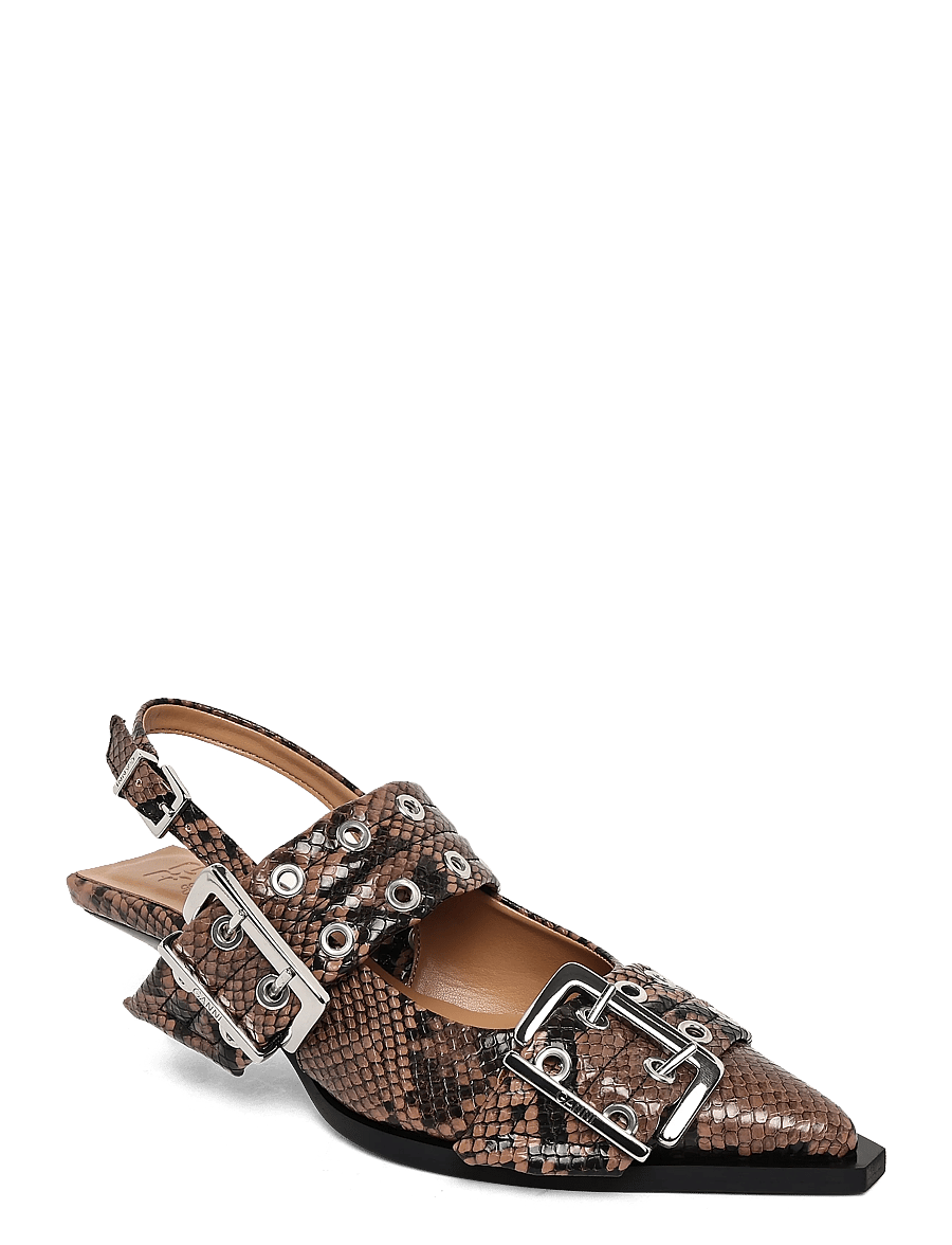 Ganni - Feminine buckle kitten heel snake - kontsaga slingback-kingad - brown - 0