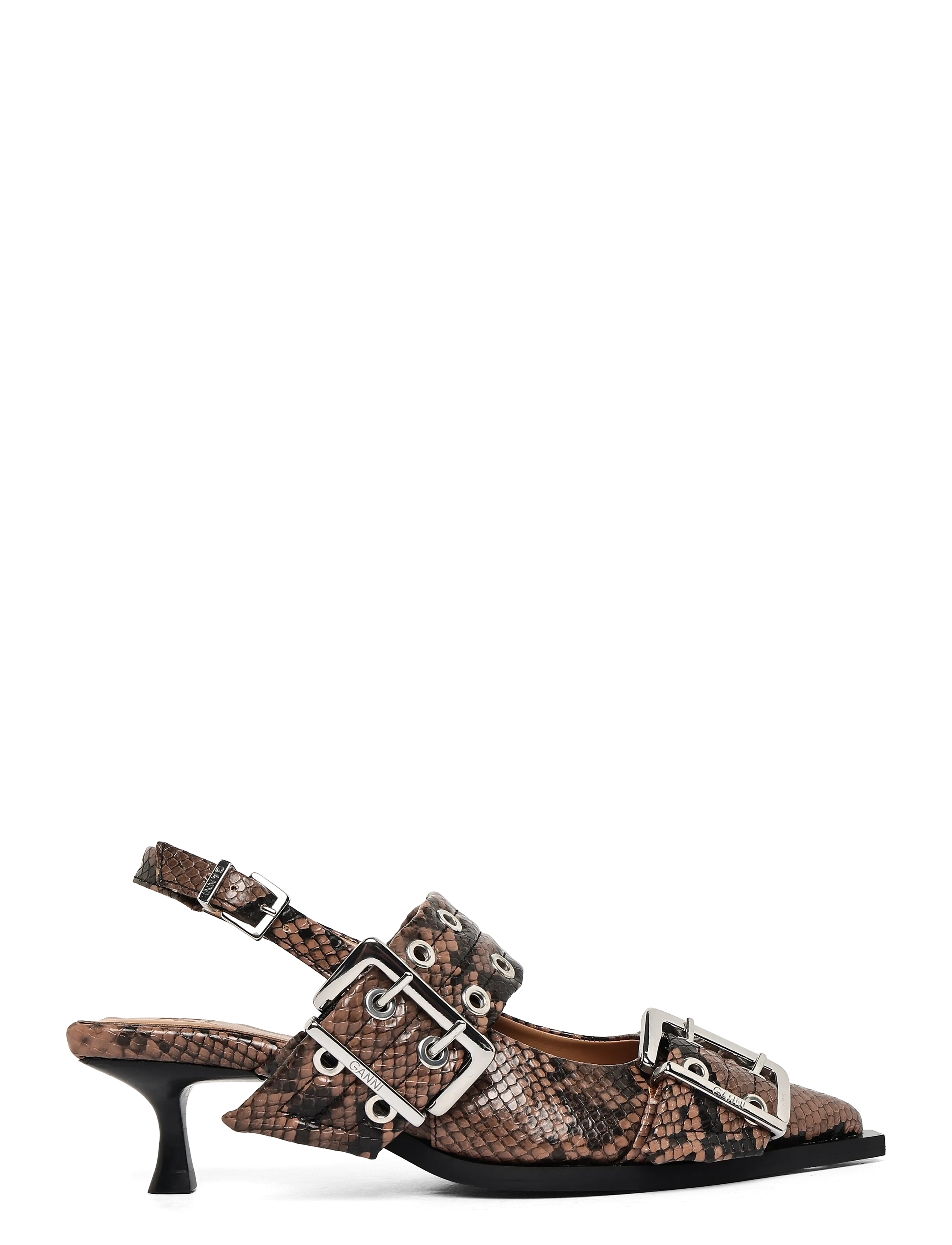 Ganni - Feminine buckle kitten heel snake - kontsaga slingback-kingad - brown - 2