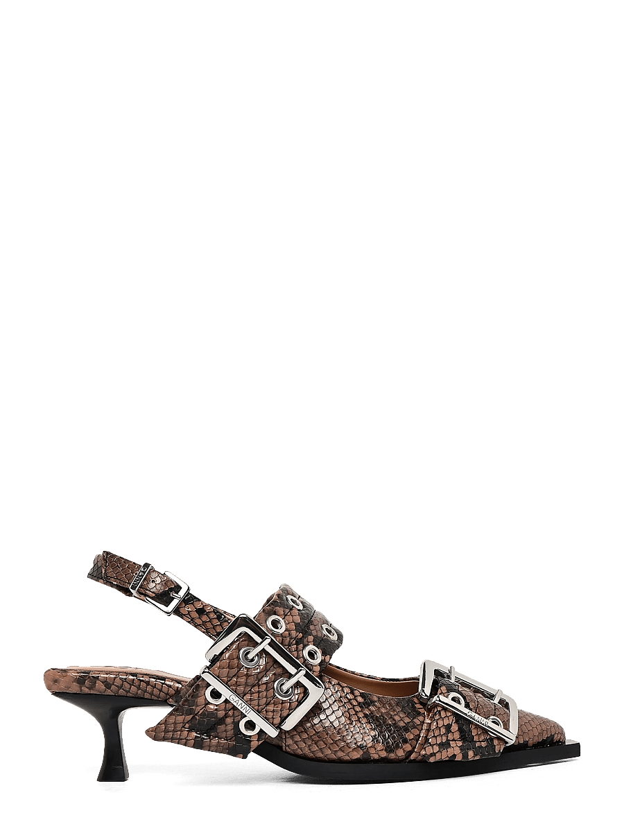 Ganni - Feminine buckle kitten heel snake - kontsaga slingback-kingad - brown - 2