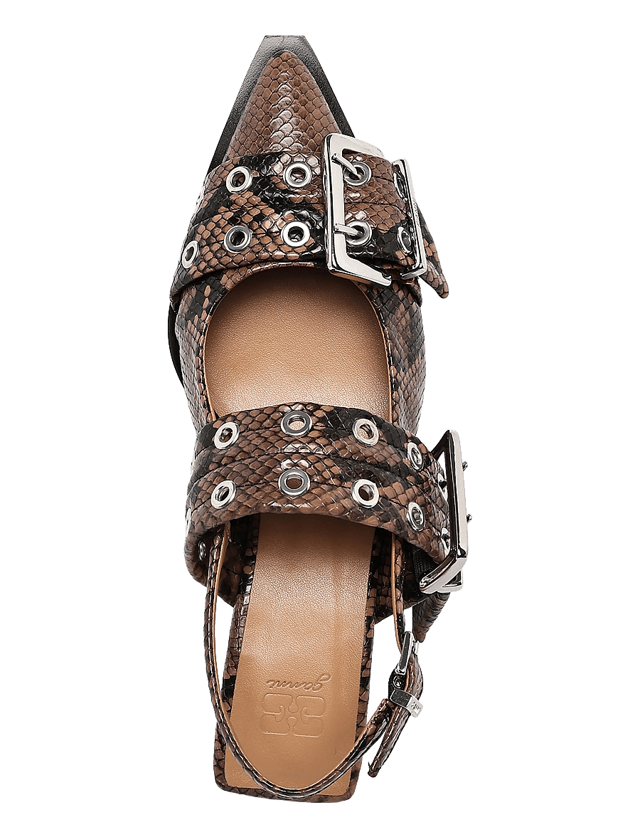 Ganni - Feminine buckle kitten heel snake - kontsaga slingback-kingad - brown - 3