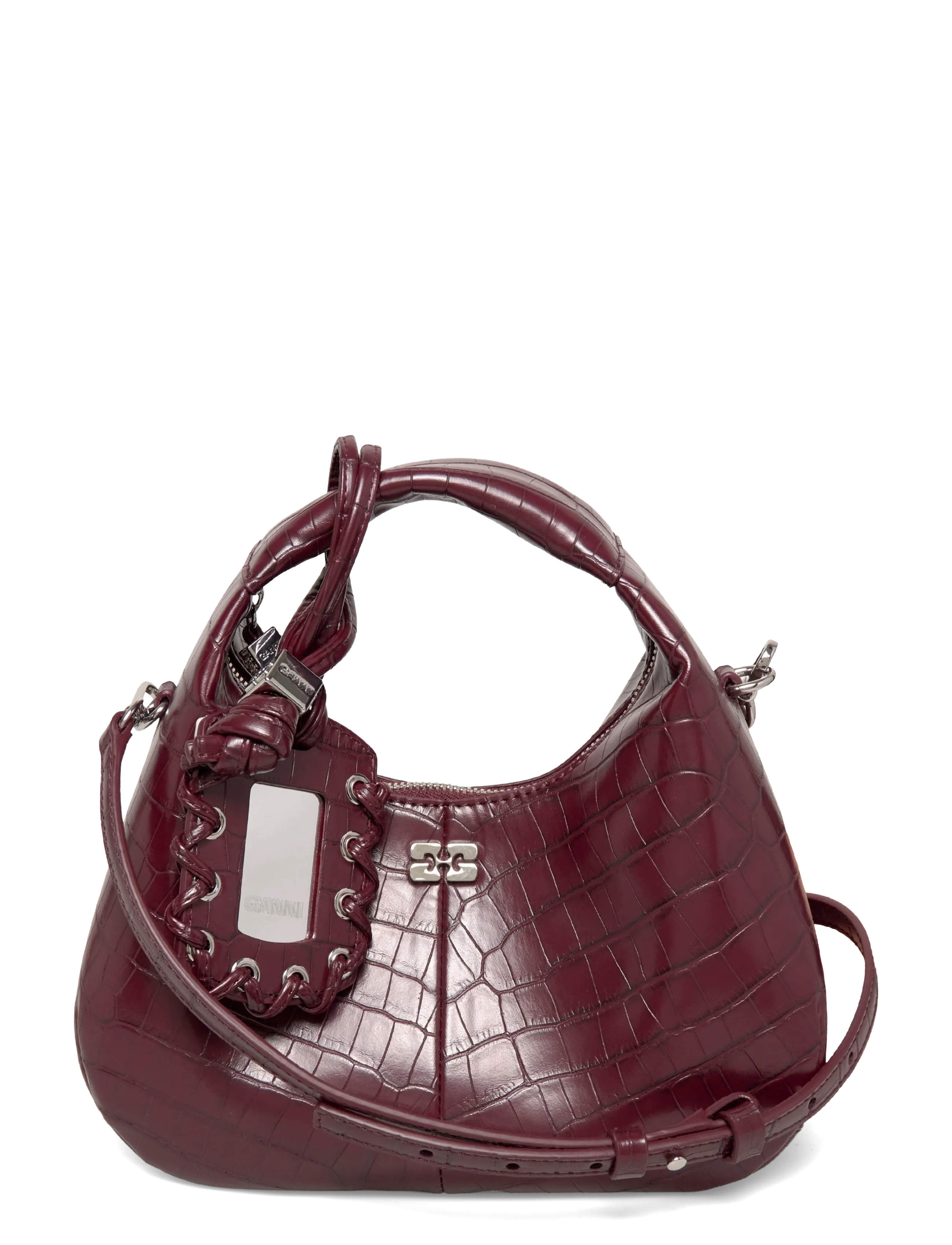 Ganni Croc Embossed Hobo Shoulder Bag, One Size, Bags, Burgunderrot - Top Handle Frauen