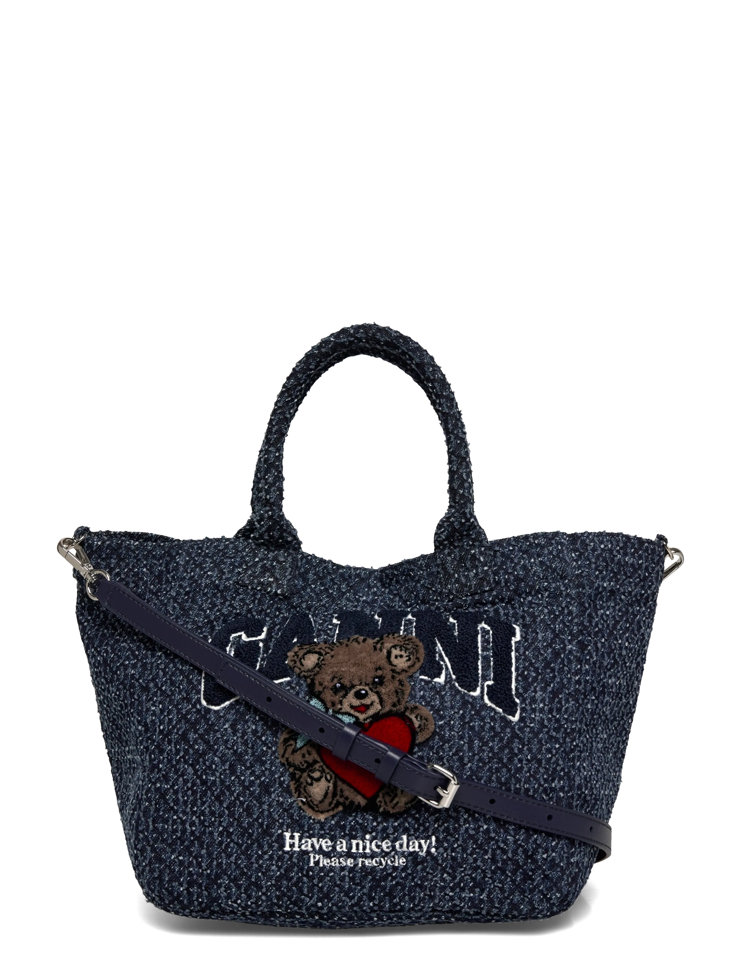 Ganni Small Trapeze Shopper Bear Tweed Denim Tote bag - Kampaania - BLUE / navy