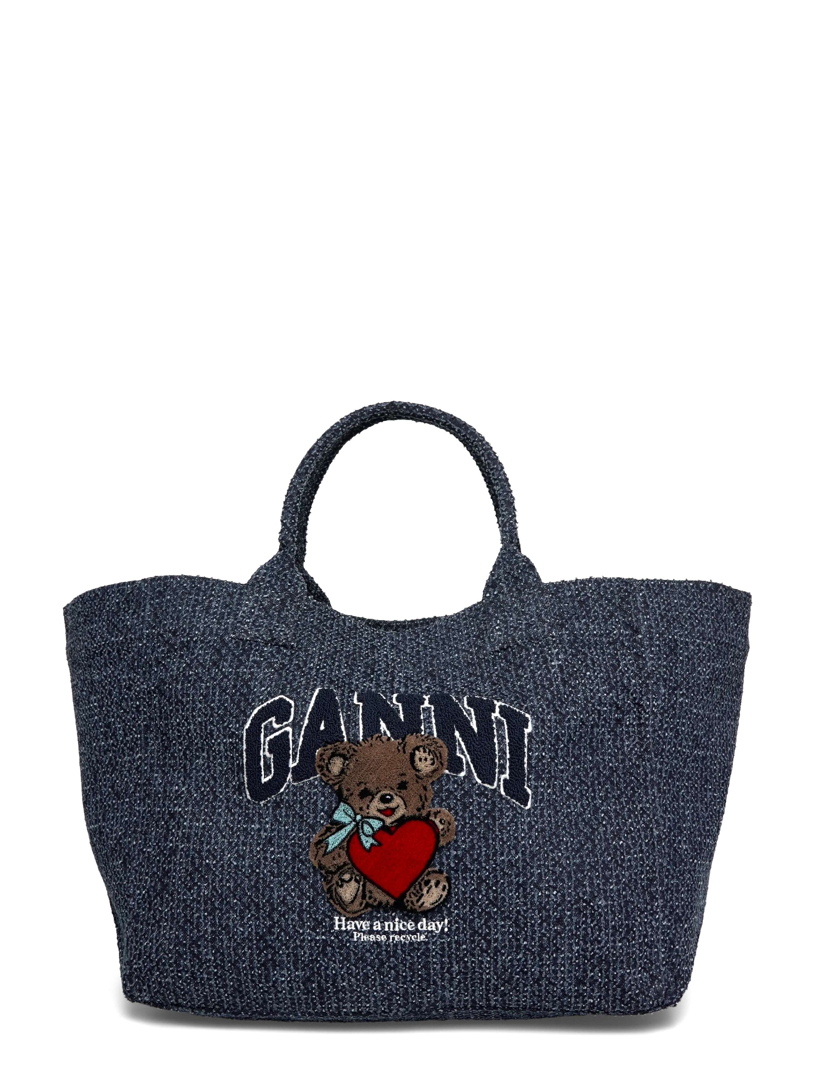 Ganni Small trapeze shopper bear tweed denim tote - Bags - BLUE / blue