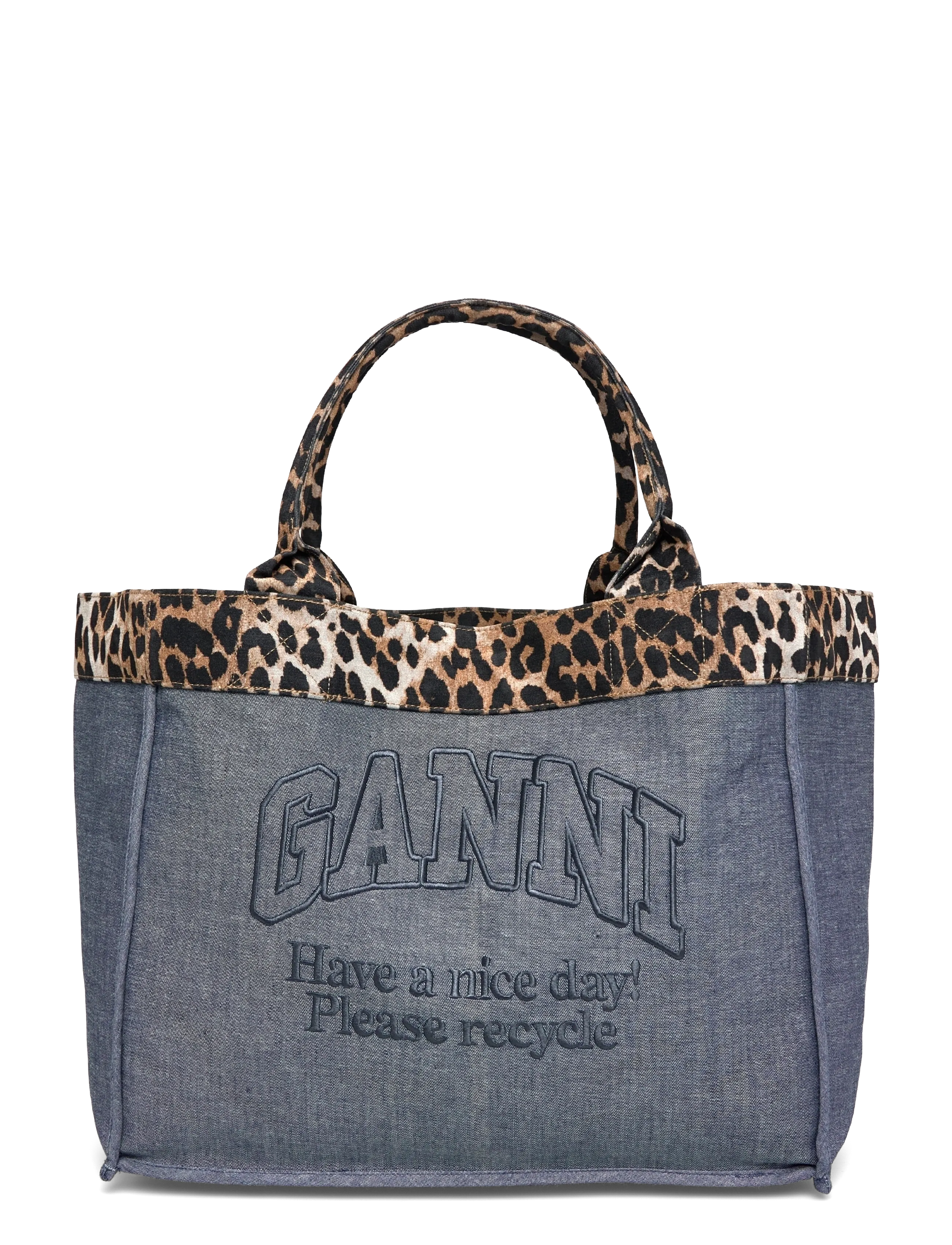 Ganni Canvas tote bag with leopard print trim - Bags - BLUE / blue