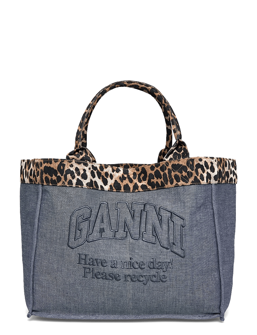 Ganni - Canvas tote bag with leopard print trim - shoppere - blue - 0