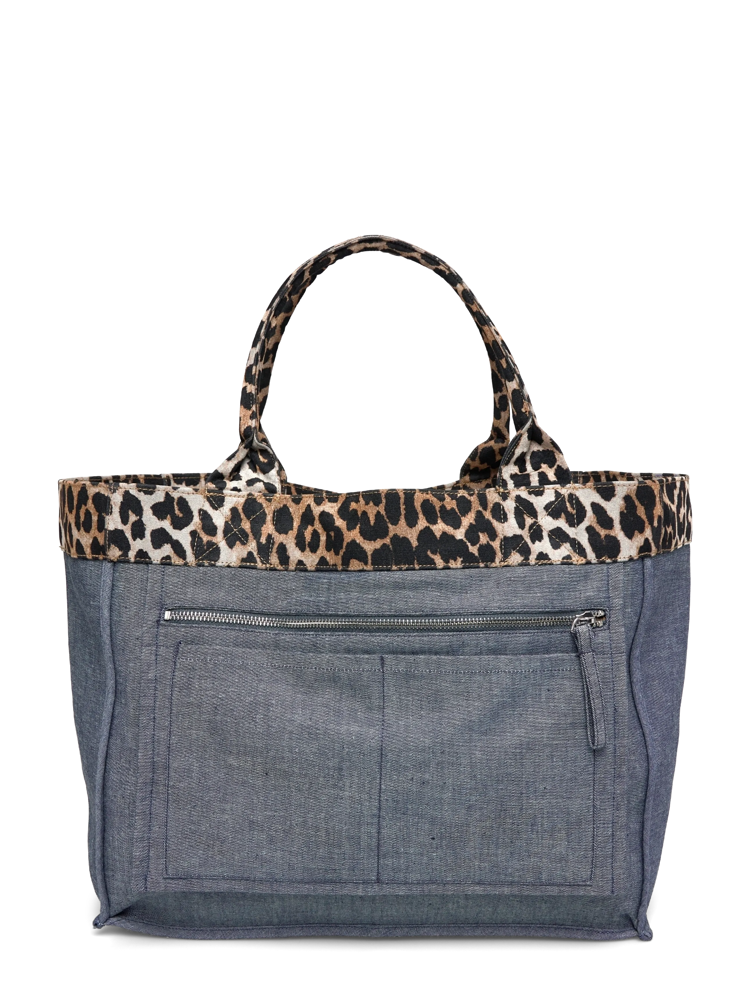 Ganni - Canvas tote bag with leopard print trim - shoppere - blue - 1