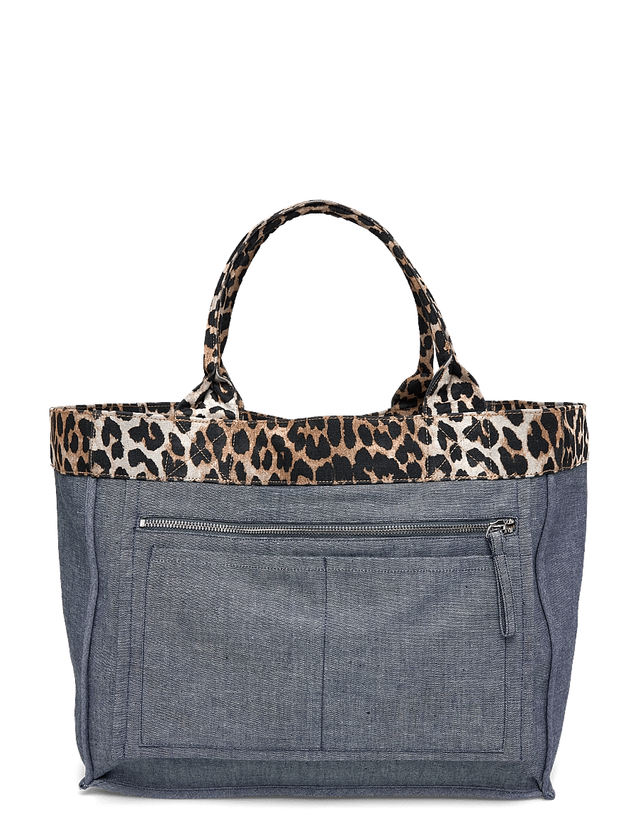 Ganni - Canvas tote bag with leopard print trim - shoppere - blue - 1
