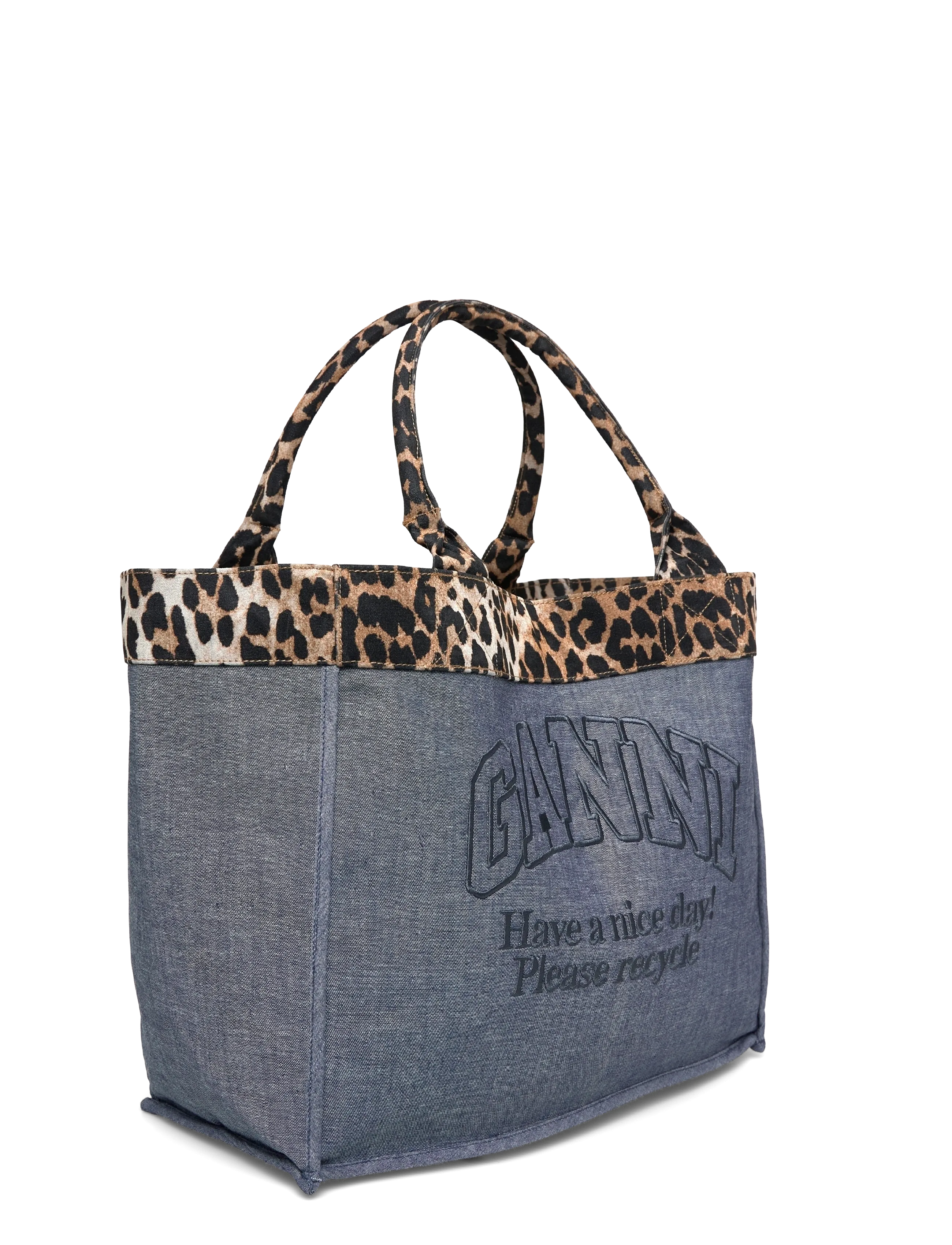 Ganni - Canvas tote bag with leopard print trim - shoppere - blue - 2