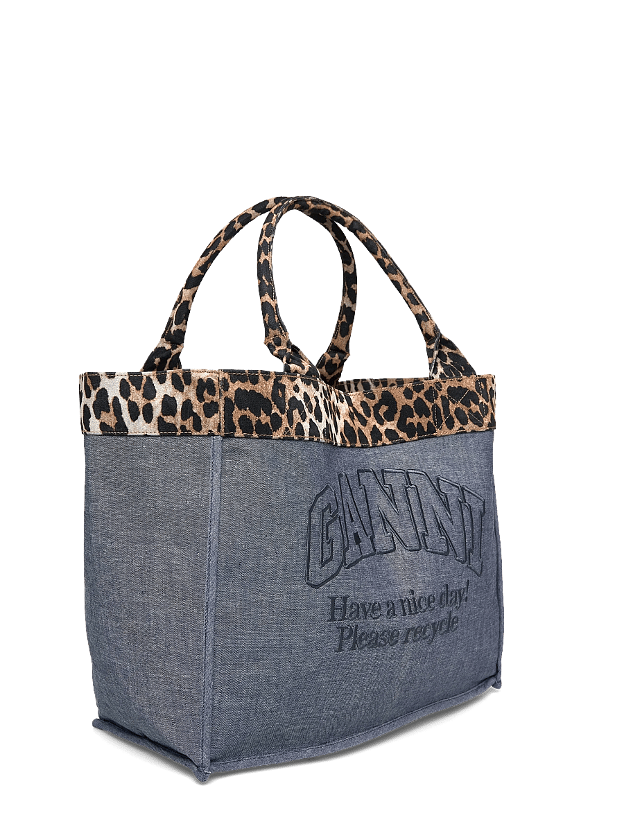 Ganni - Canvas tote bag with leopard print trim - shoppere - blue - 2